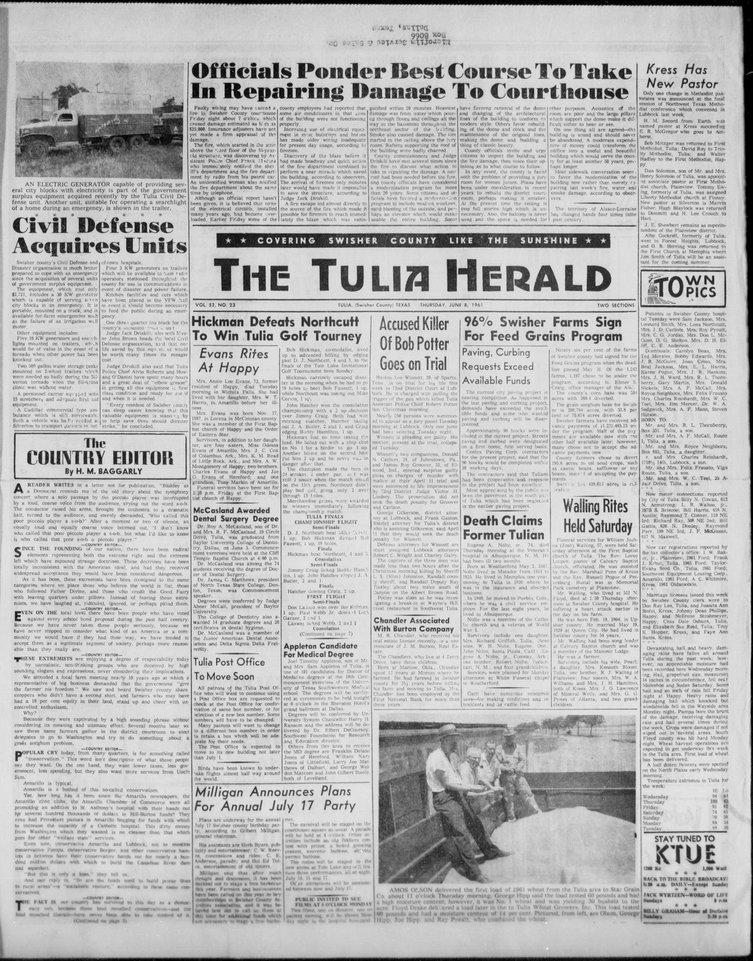 The Tulia Herald (Tulia, Tex), Vol. 52, No. 23, Ed. 1, Thursday, June 8, 1961
                                                
                                                    1
                                                