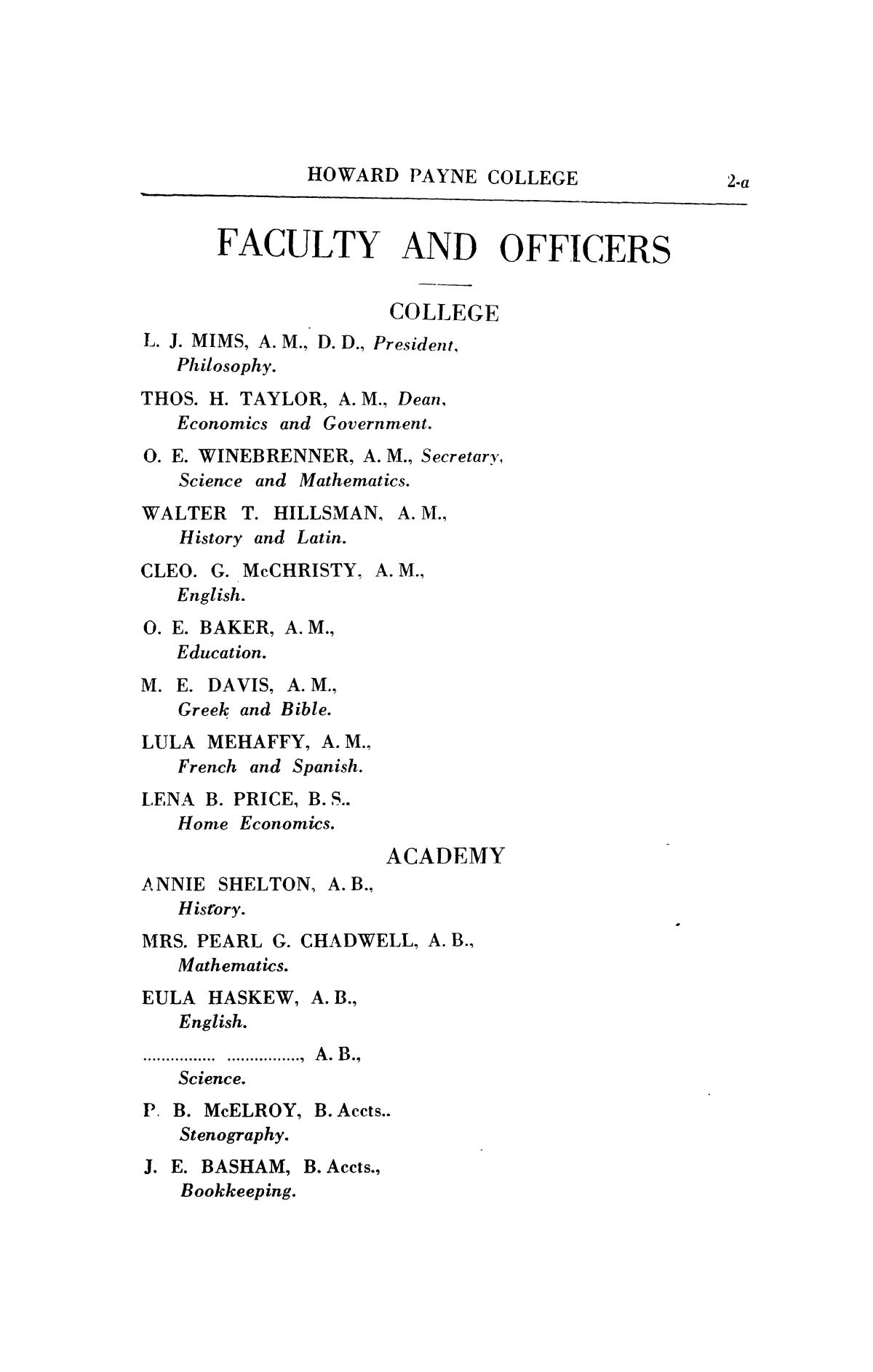 Catalogue of Howard Payne College, 1919-1920
                                                
                                                    2A
                                                