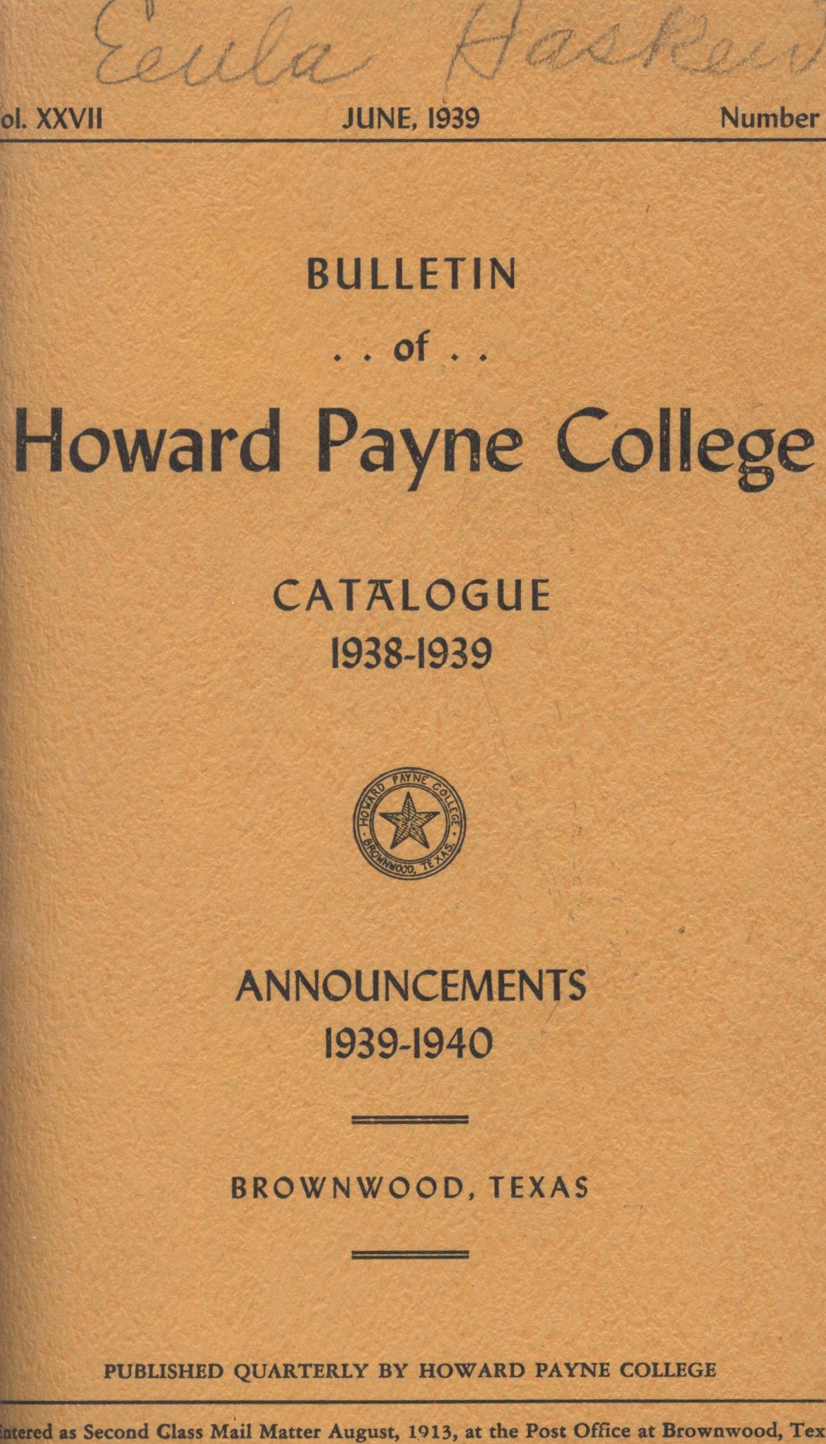 Catalogue of Howard Payne College, 1938-1939
                                                
                                                    Front Cover
                                                