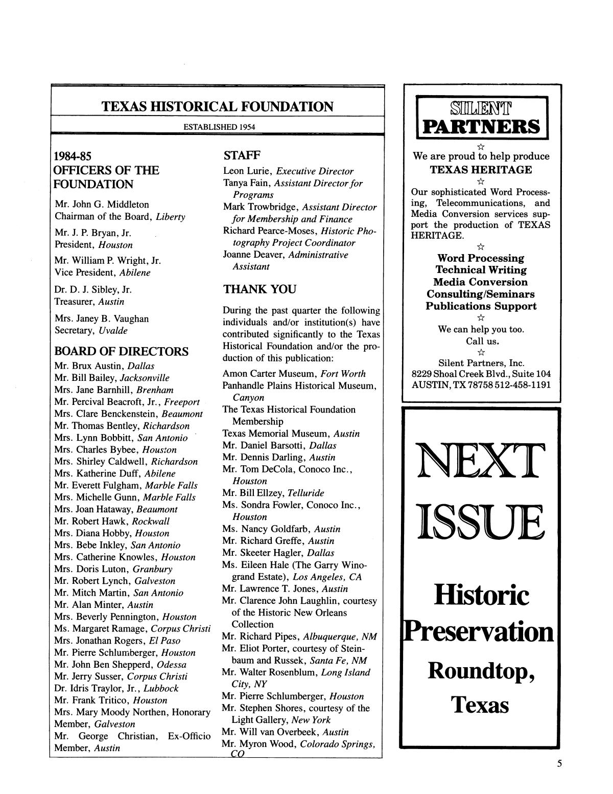 Texas Heritage, Volume 2, Number 2, Spring 1985
                                                
                                                    5
                                                