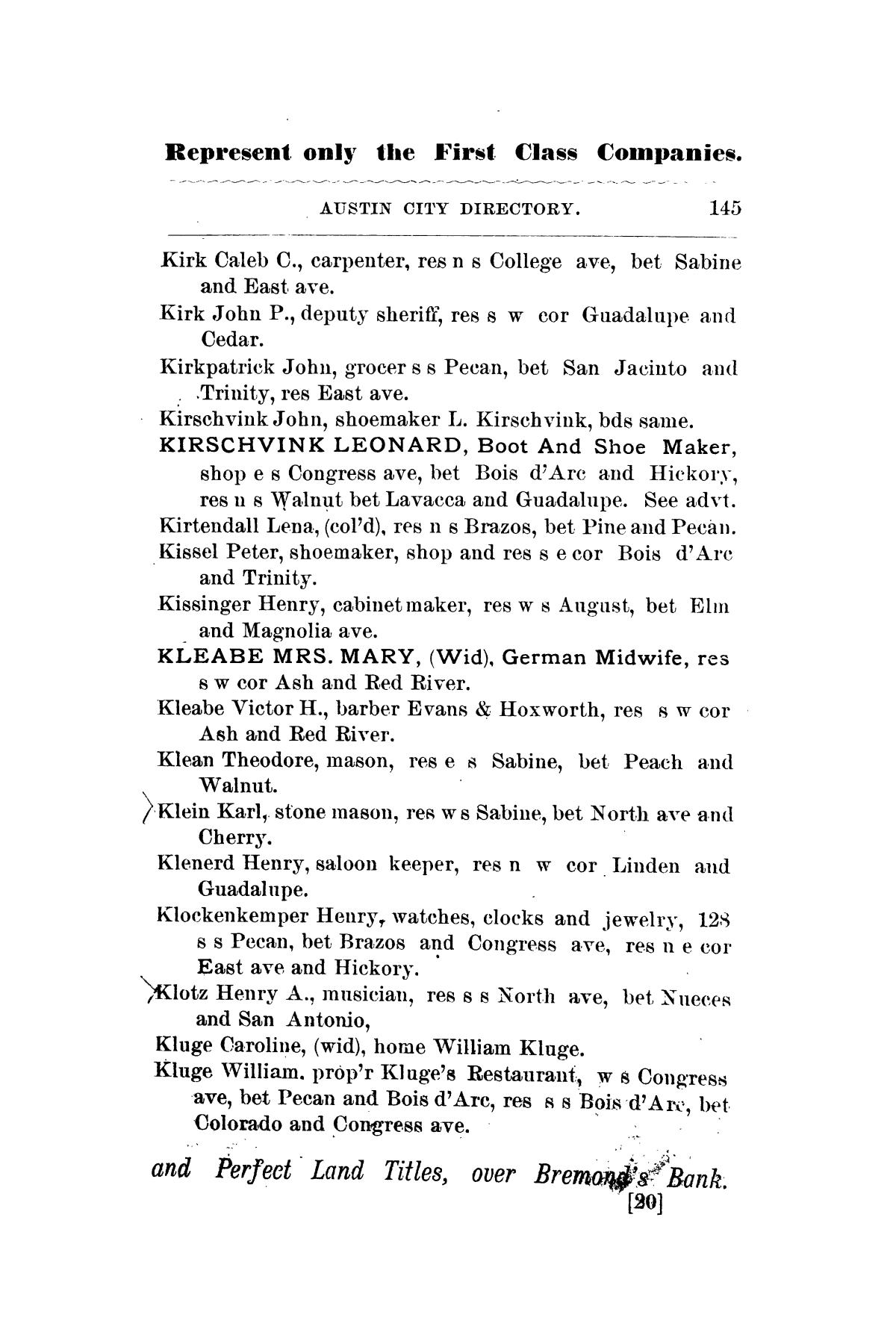 Mooney & Morrison's General Directory Of The City Of Austin, Texas, For 1877-78.
                                                
                                                    145
                                                