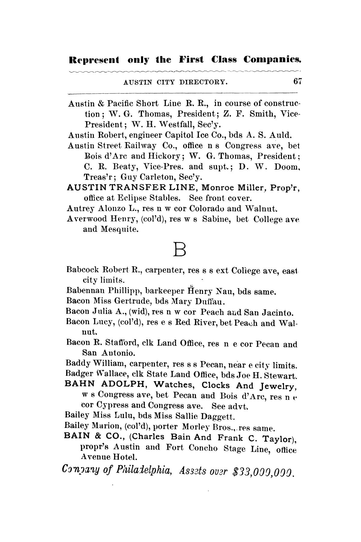 Mooney & Morrison's General Directory Of The City Of Austin, Texas, For 1877-78.
                                                
                                                    67
                                                