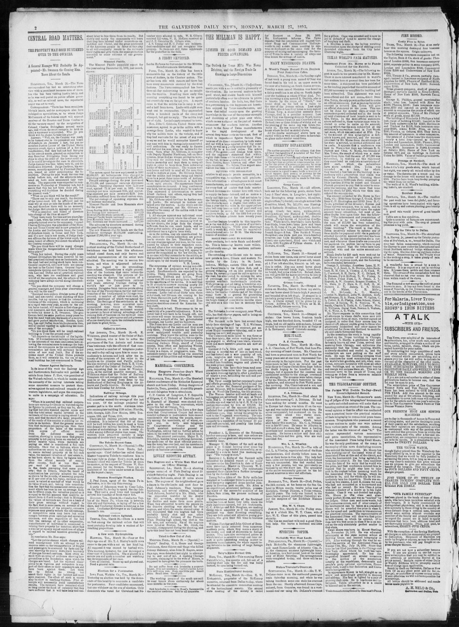 The Galveston Daily News. (Galveston, Tex.), Vol. 52, No. 3, Ed. 1 Monday, March 27, 1893
                                                
                                                    [Sequence #]: 2 of 8
                                                