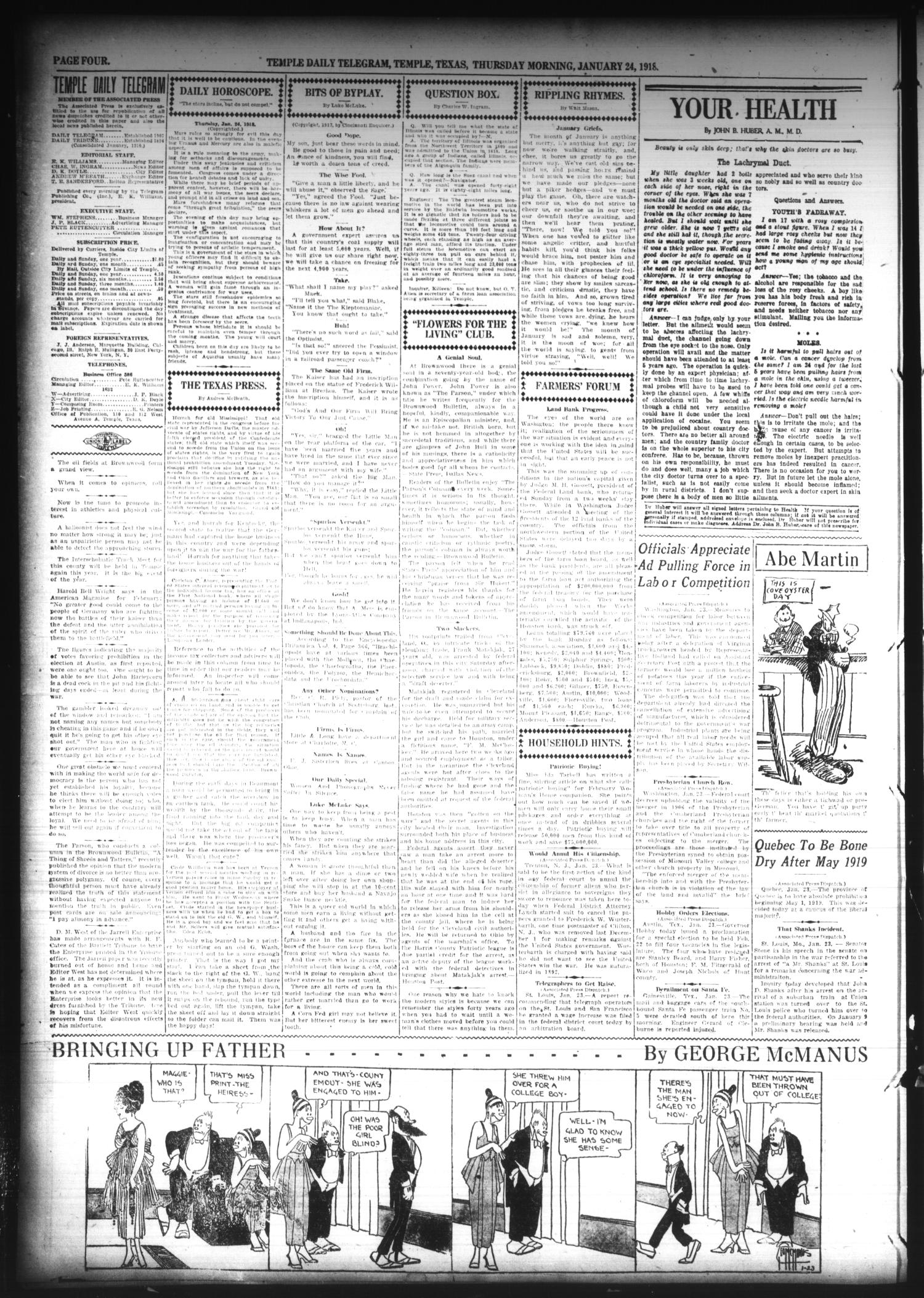 Temple Daily Telegram (Temple, Tex.), Vol. 11, No. 66, Ed. 1 Thursday, January 24, 1918
                                                
                                                    [Sequence #]: 4 of 12
                                                