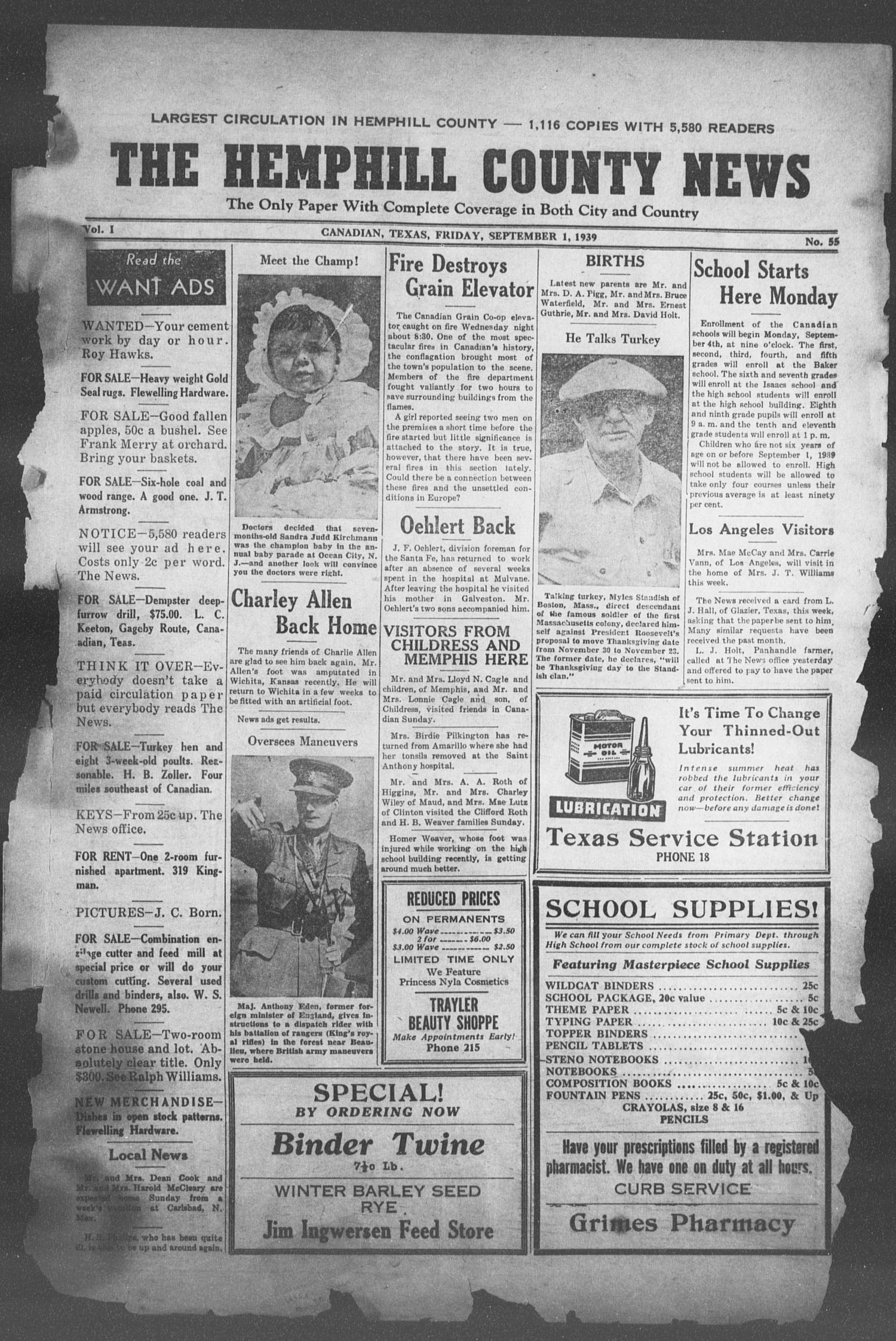 The Hemphill County News (Canadian, Tex), Vol. 1, No. 55, Ed. 1, Friday, September 1, 1939
                                                
                                                    1
                                                