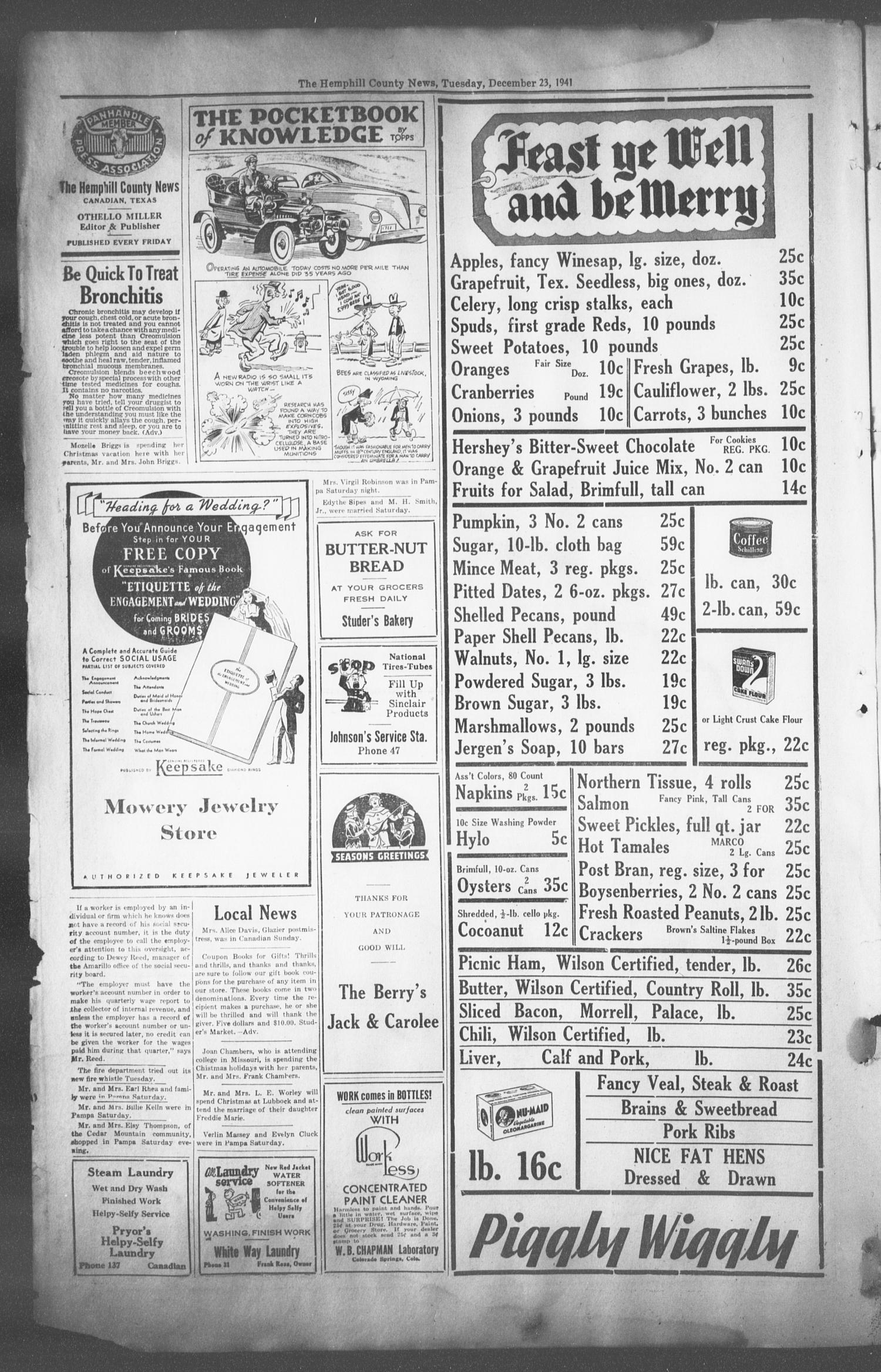 The Hemphill County News (Canadian, Tex), Vol. 4, No. 15, Ed. 1, Tuesday, December 23, 1941
                                                
                                                    2
                                                