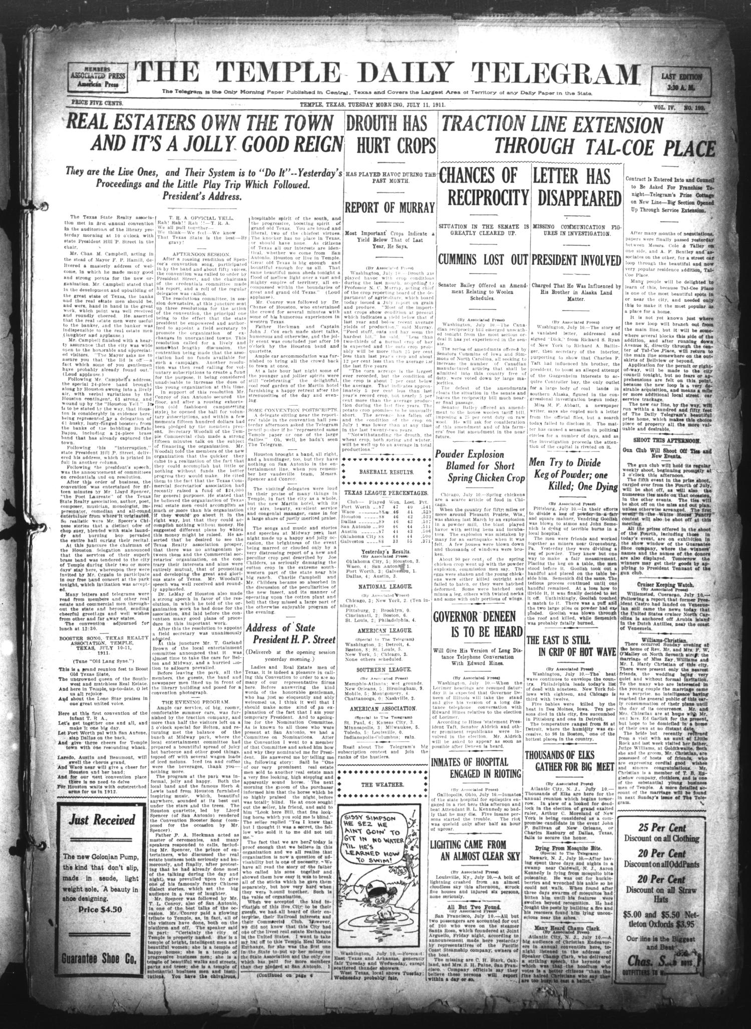 The Temple Daily Telegram (Temple, Tex.), Vol. 4, No. 199, Ed. 1 Tuesday, July 11, 1911
                                                
                                                    [Sequence #]: 1 of 8
                                                