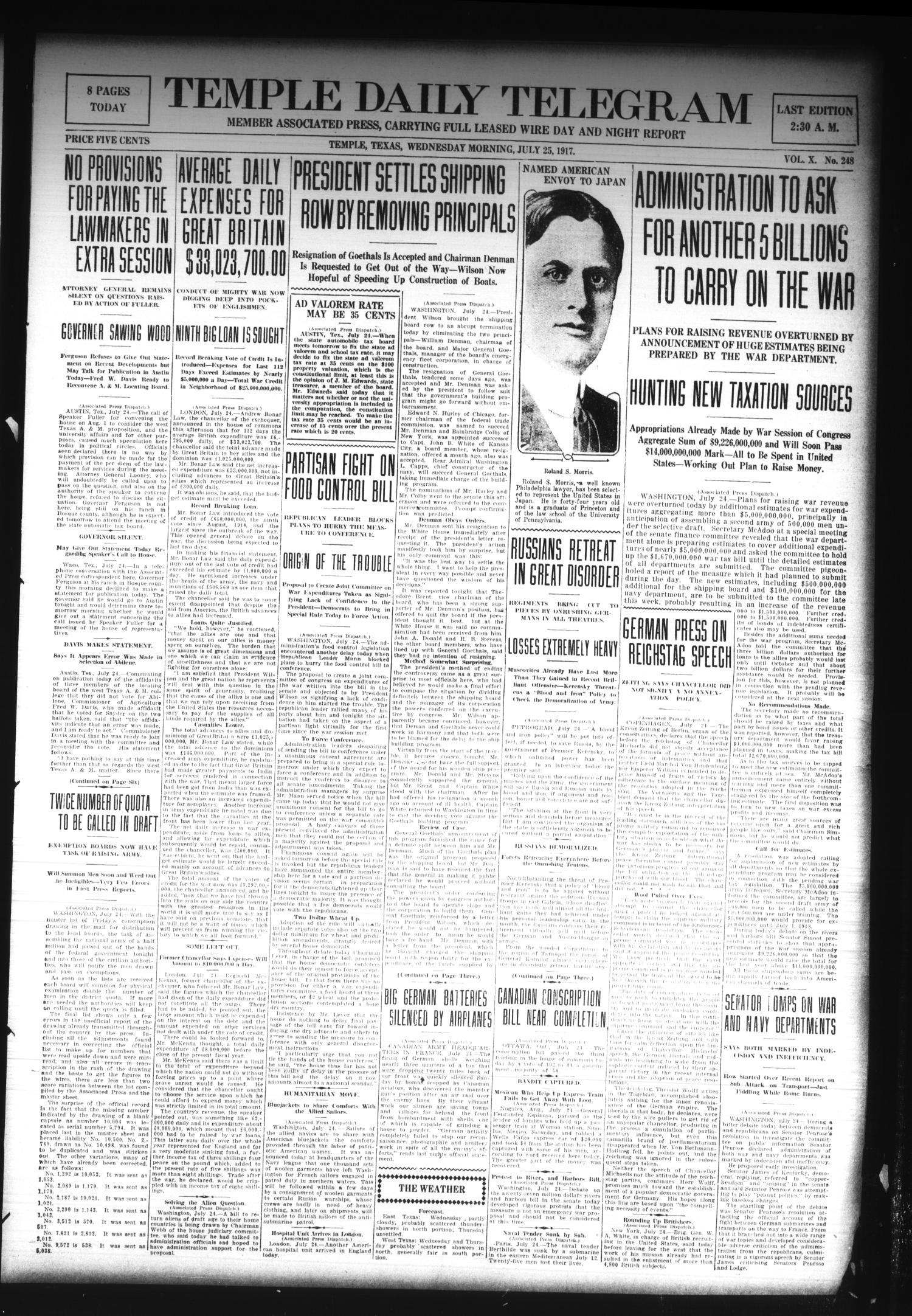 Temple Daily Telegram (Temple, Tex.), Vol. 10, No. 248, Ed. 1 Wednesday, July 25, 1917
                                                
                                                    [Sequence #]: 1 of 8
                                                