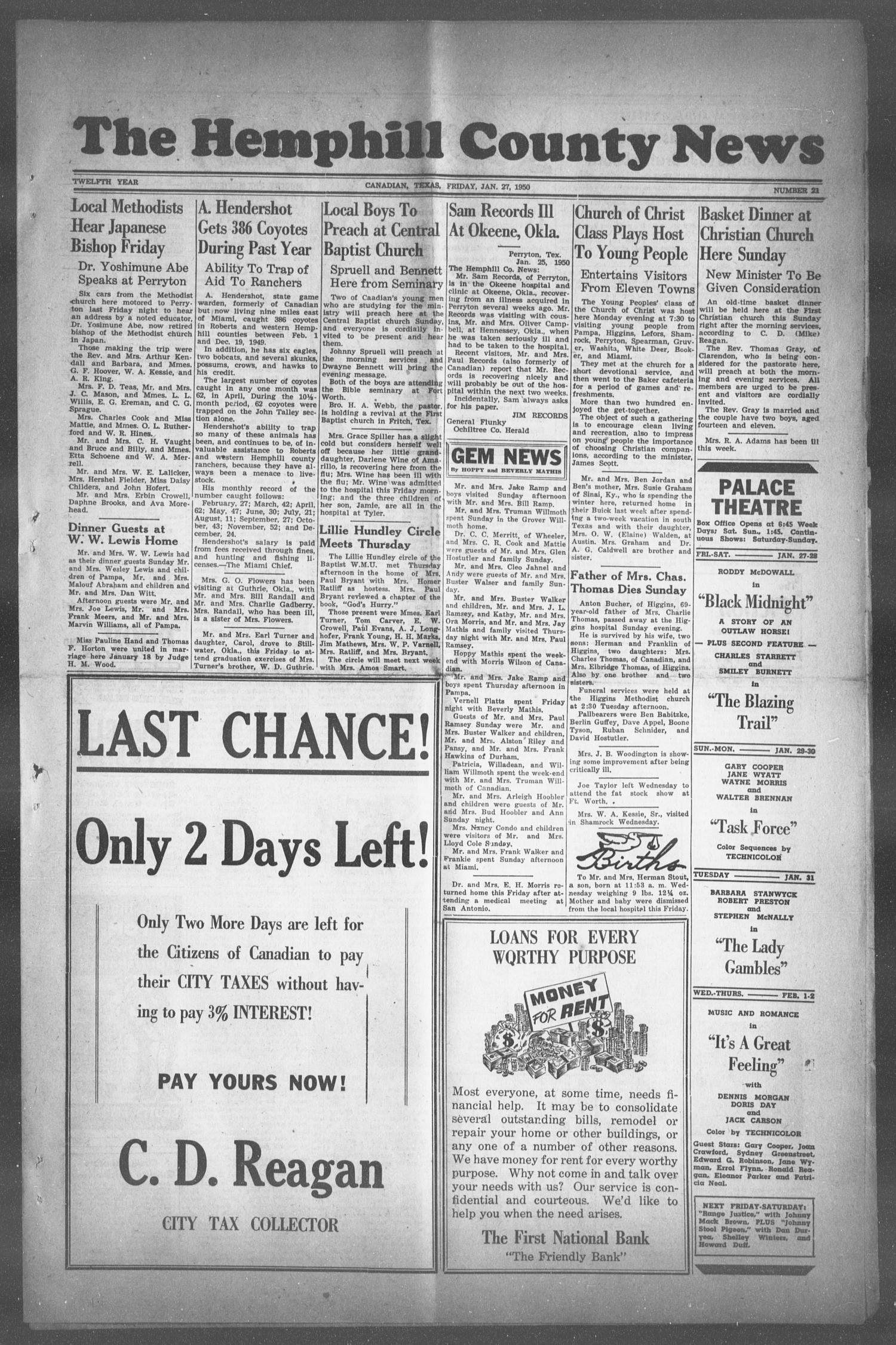 The Hemphill County News (Canadian, Tex), Vol. TWELFTH YEAR, No. 21, Ed. 1, Friday, January 27, 1950
                                                
                                                    1
                                                