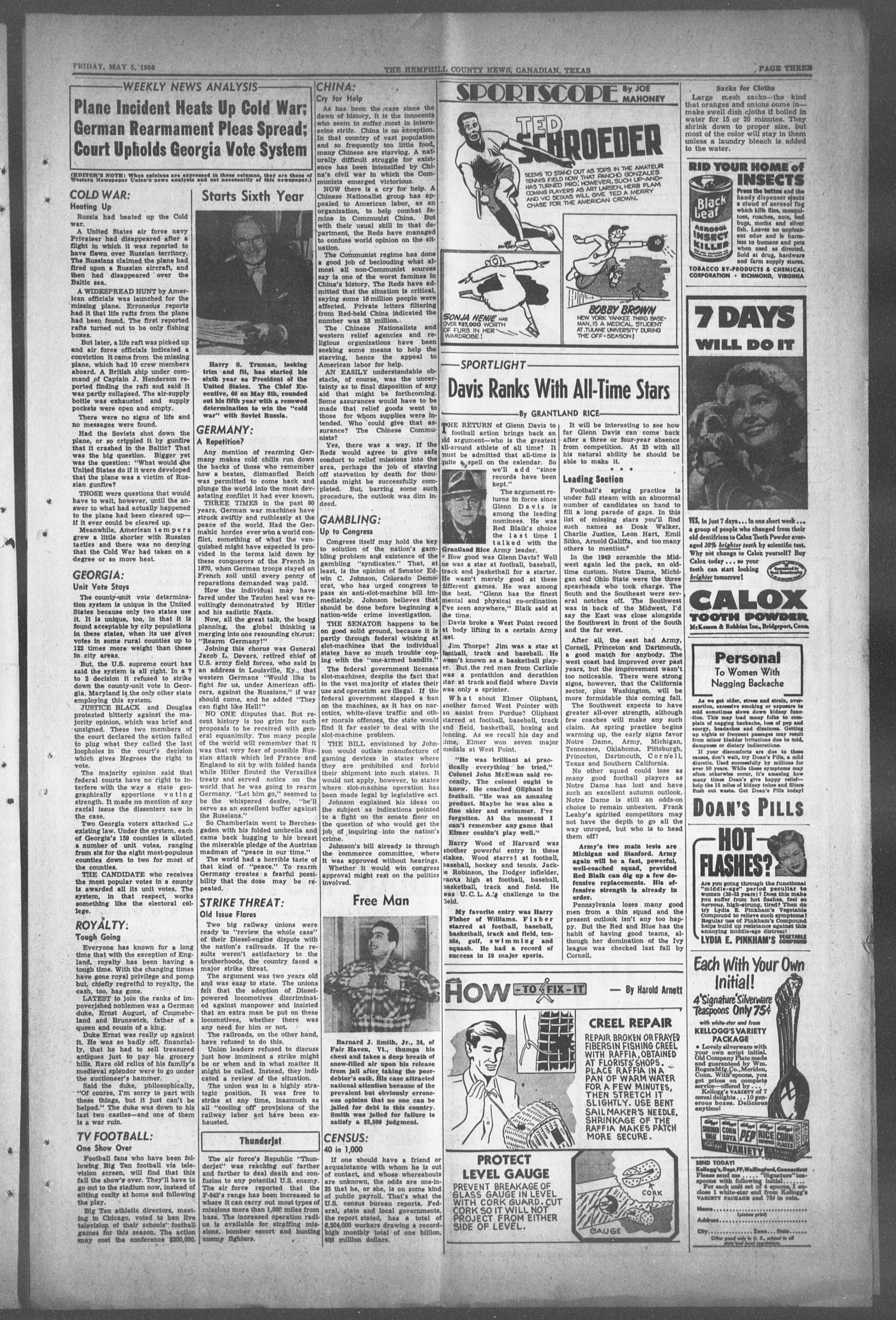 The Hemphill County News (Canadian, Tex), Vol. TWELFTH YEAR, No. 35, Ed. 1, Friday, May 5, 1950
                                                
                                                    3
                                                