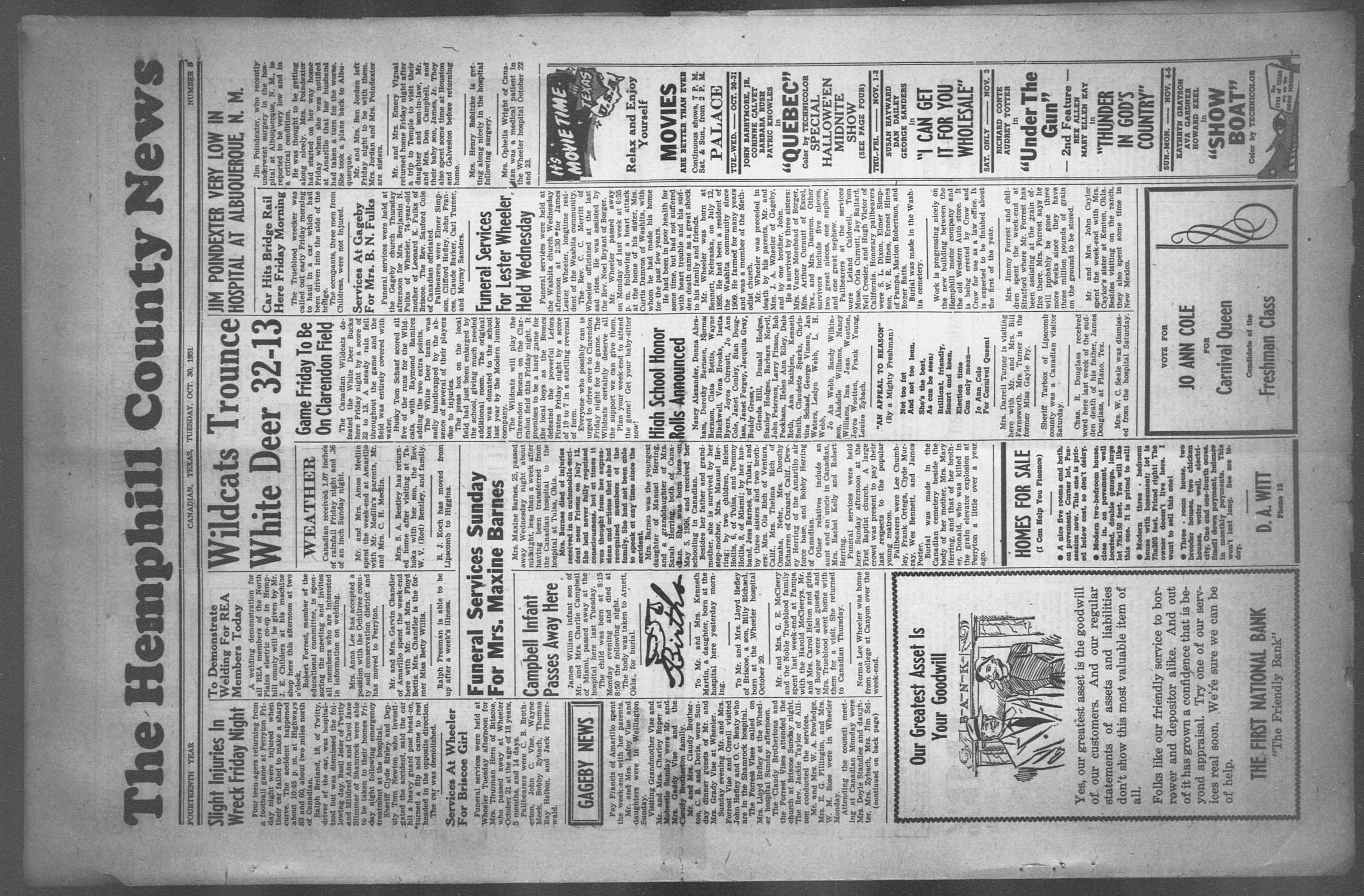 The Hemphill County News (Canadian, Tex), Vol. FOURTEENTH YEAR, No. 8, Ed. 1, Tuesday, October 30, 1951
                                                
                                                    1
                                                
