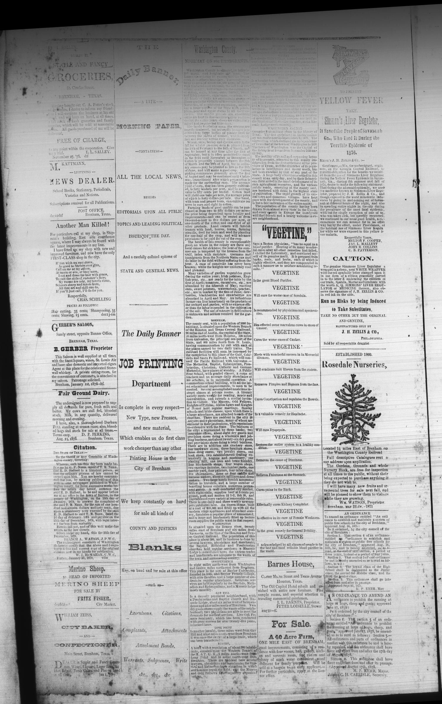 The Daily Banner. (Brenham, Tex.), Vol. 4, No. 17, Ed. 1 Sunday, January 19, 1879
                                                
                                                    [Sequence #]: 4 of 4
                                                