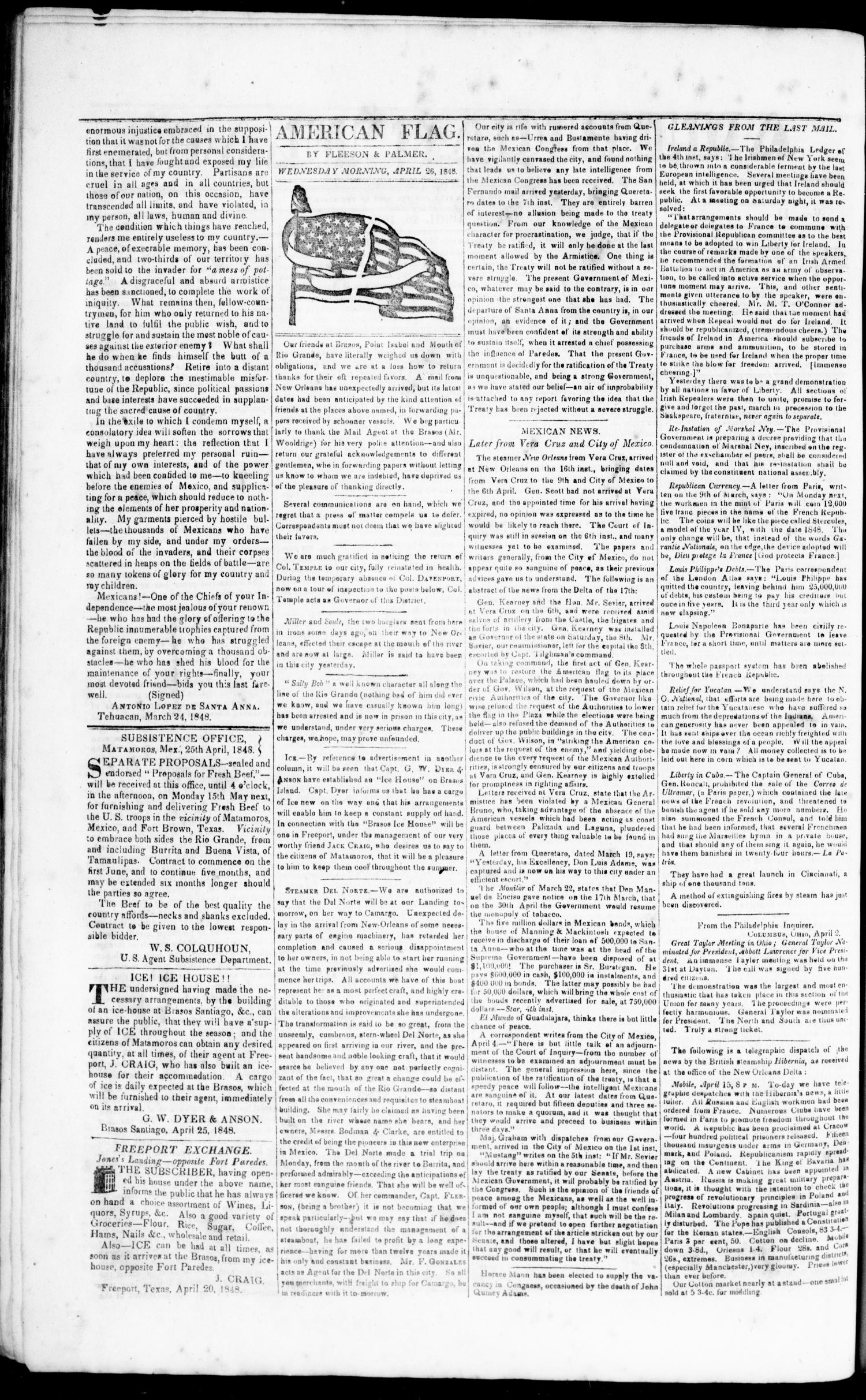 American Flag. (Matamoros, Tamaulipas, Mexico), Vol. 2, No. 194, Ed. 1 Wednesday, April 26, 1848
                                                
                                                    [Sequence #]: 2 of 4
                                                