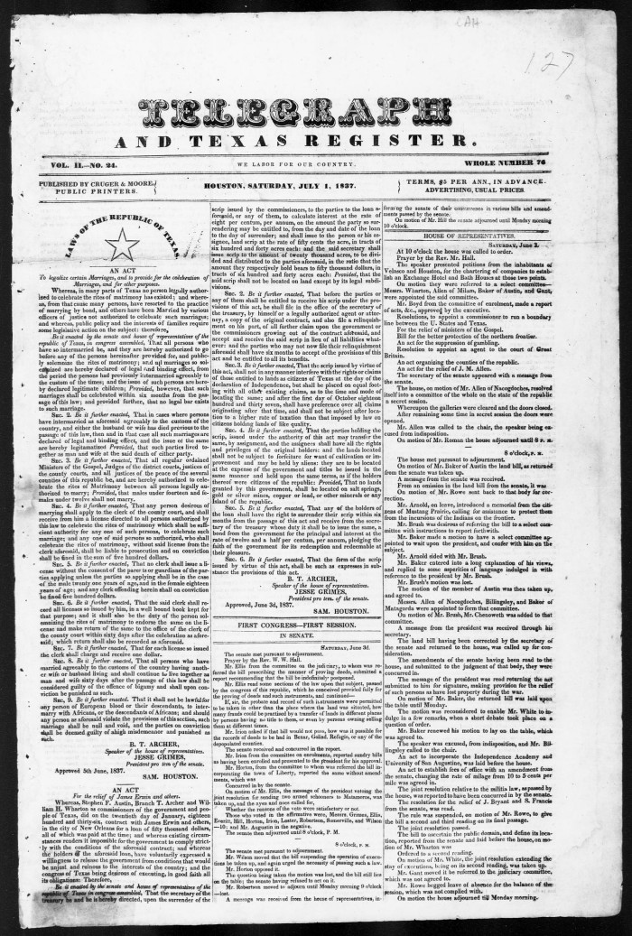 Telegraph and Texas Register (Houston, Tex.), Vol. 2, No. 24, Ed. 1, Saturday, July 1, 1837