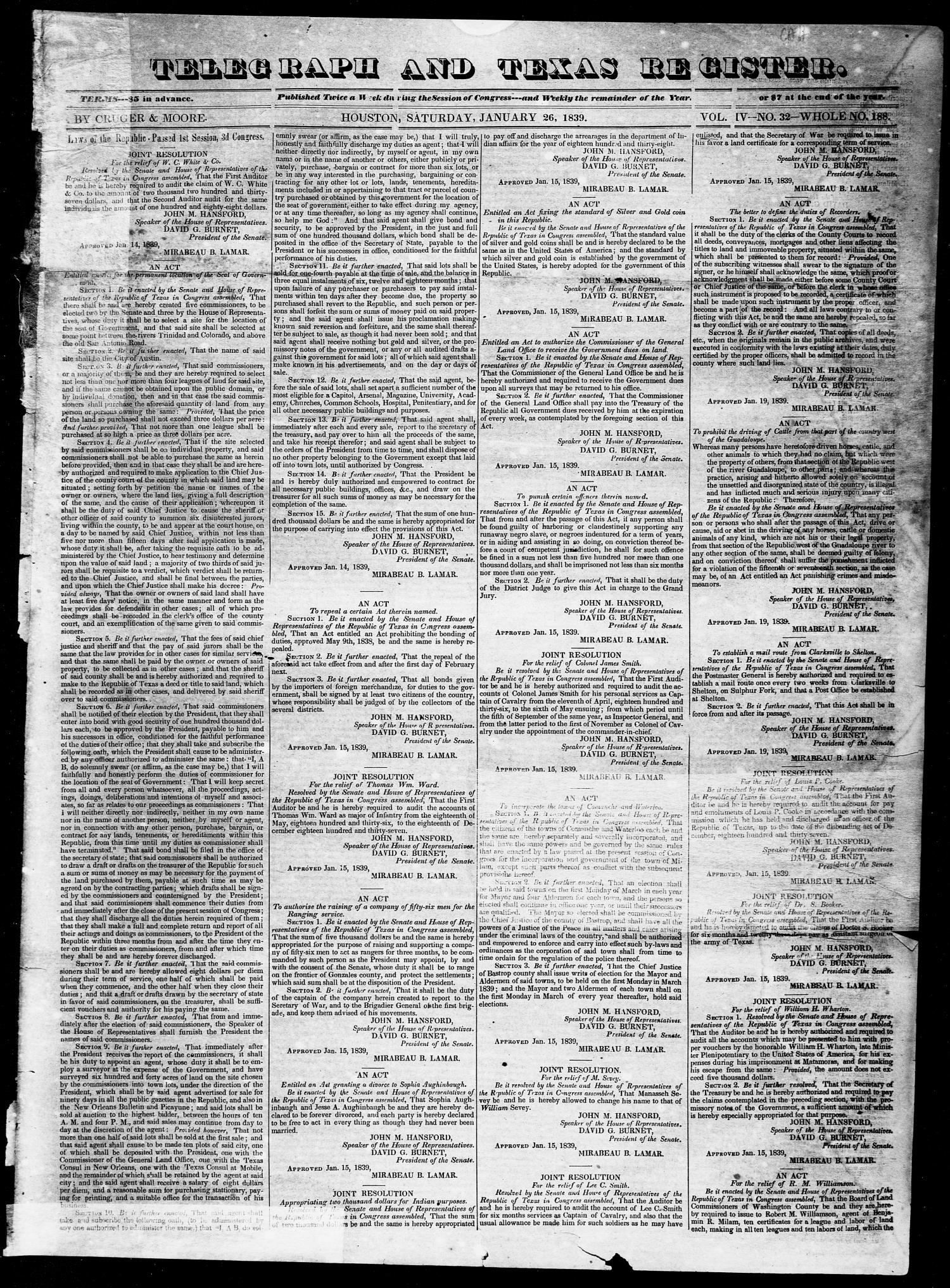 Telegraph and Texas Register (Houston, Tex.), Vol. 4, No. 32, Ed. 1, Saturday, January 26, 1839
                                                
                                                    [Sequence #]: 1 of 4
                                                