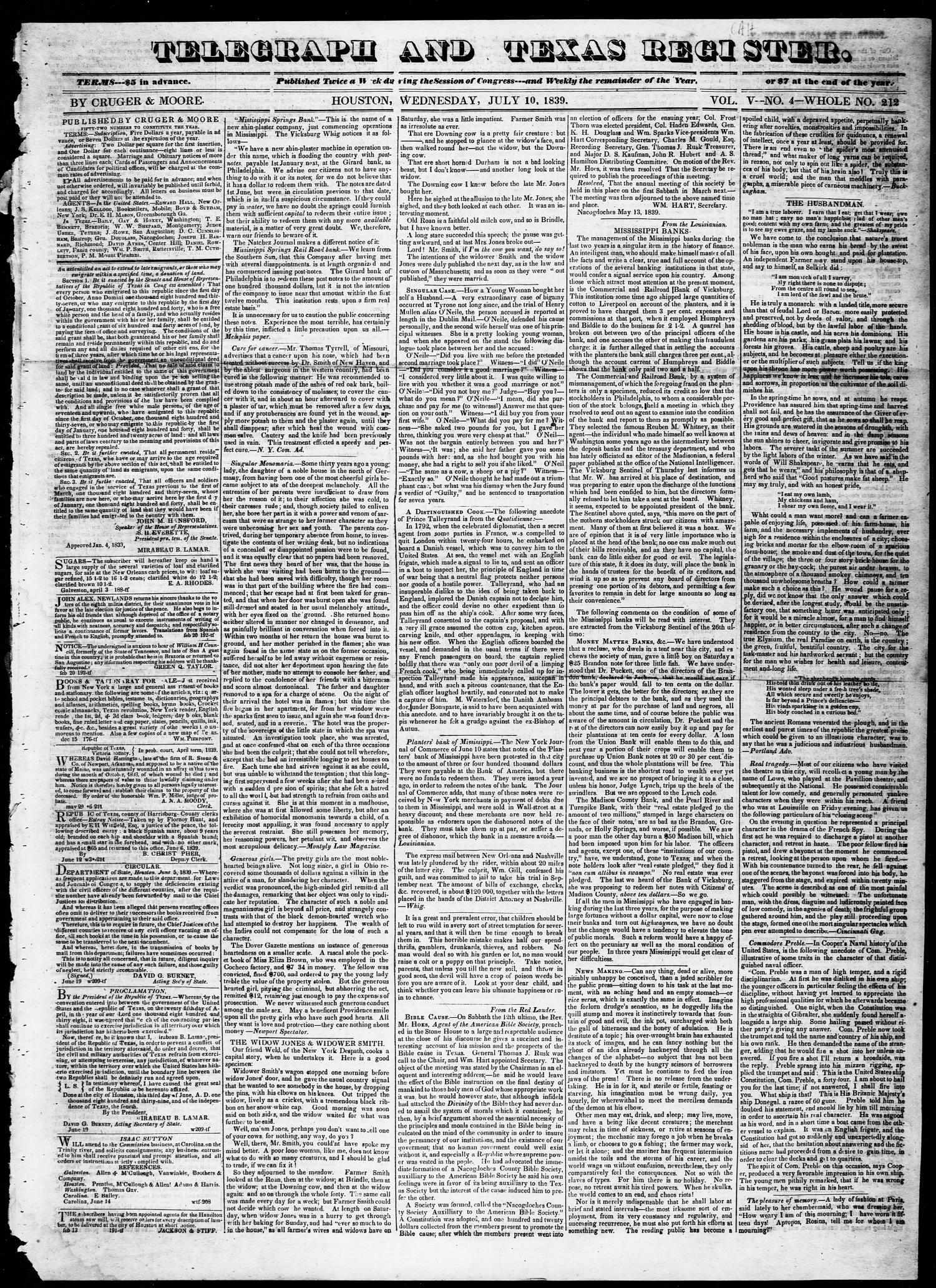Telegraph and Texas Register (Houston, Tex.), Vol. 5, No. 4, Ed. 1, Wednesday, July 10, 1839
                                                
                                                    [Sequence #]: 1 of 4
                                                