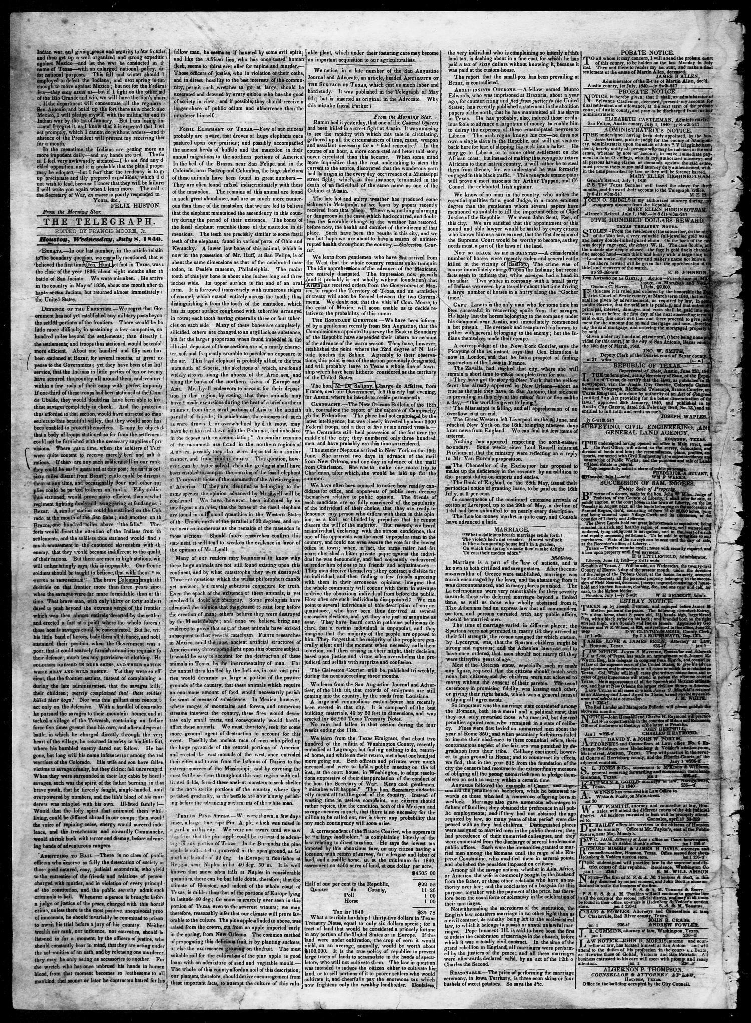 Telegraph and Texas Register (Houston, Tex.), Vol. 5, No. 37, Ed. 1, Wednesday, July 8, 1840
                                                
                                                    [Sequence #]: 2 of 4
                                                