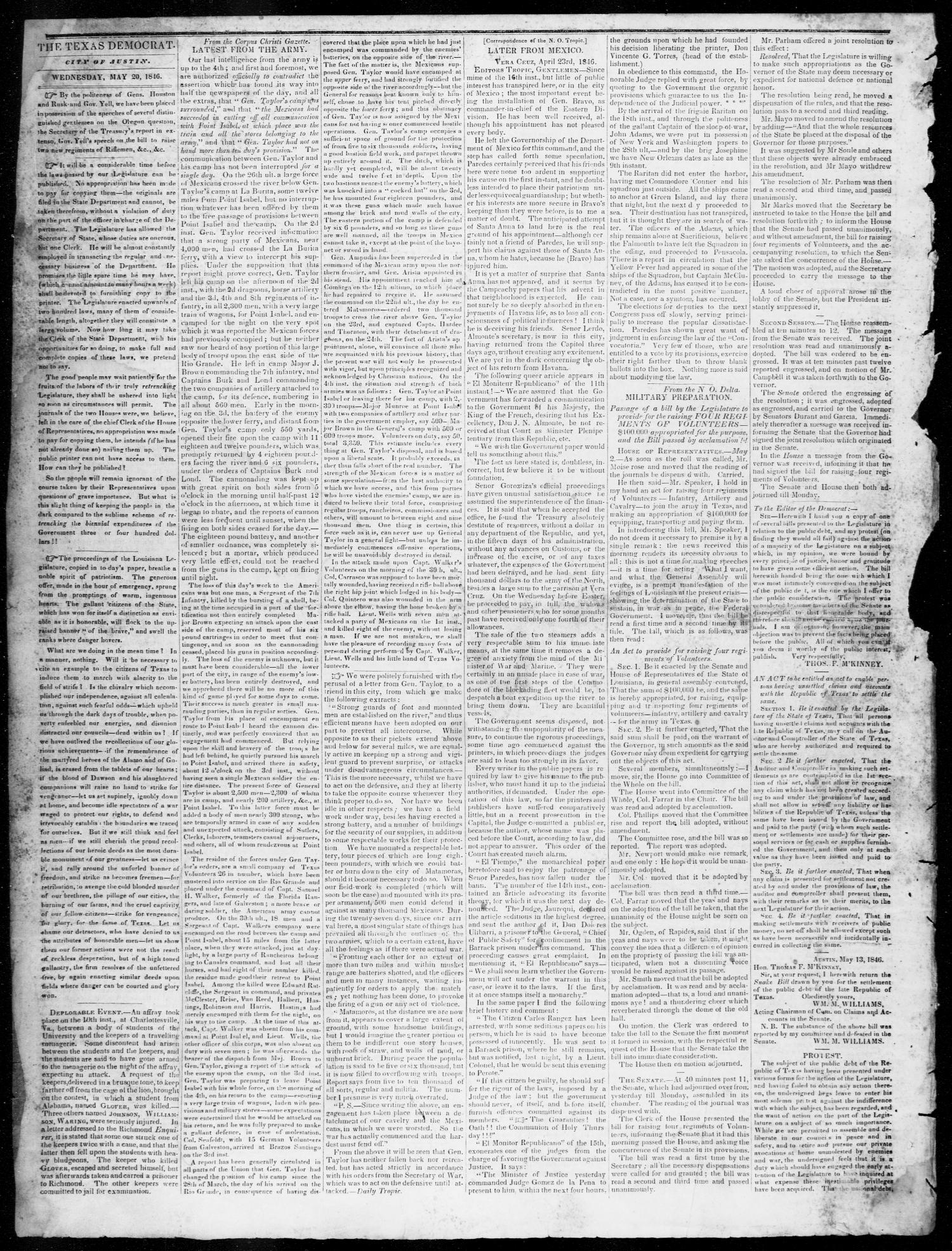 The Texas Democrat (Austin, Tex.), Vol. 1, No. 20, Ed. 1, Wednesday, May 20, 1846
                                                
                                                    [Sequence #]: 2 of 4
                                                