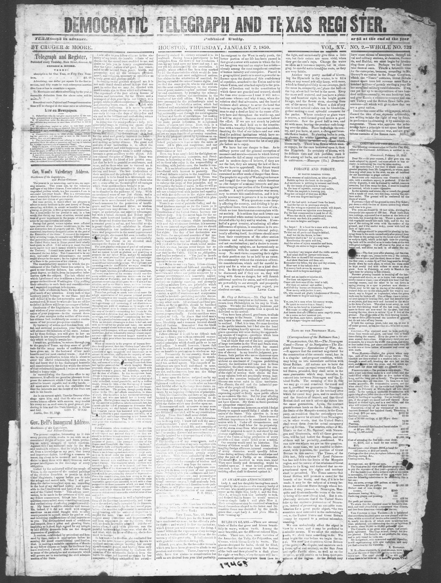 Democratic Telegraph and Texas Register (Houston, Tex.), Vol. 15, No. 2, Ed. 1, Thursday, January 3, 1850
                                                
                                                    [Sequence #]: 1 of 4
                                                