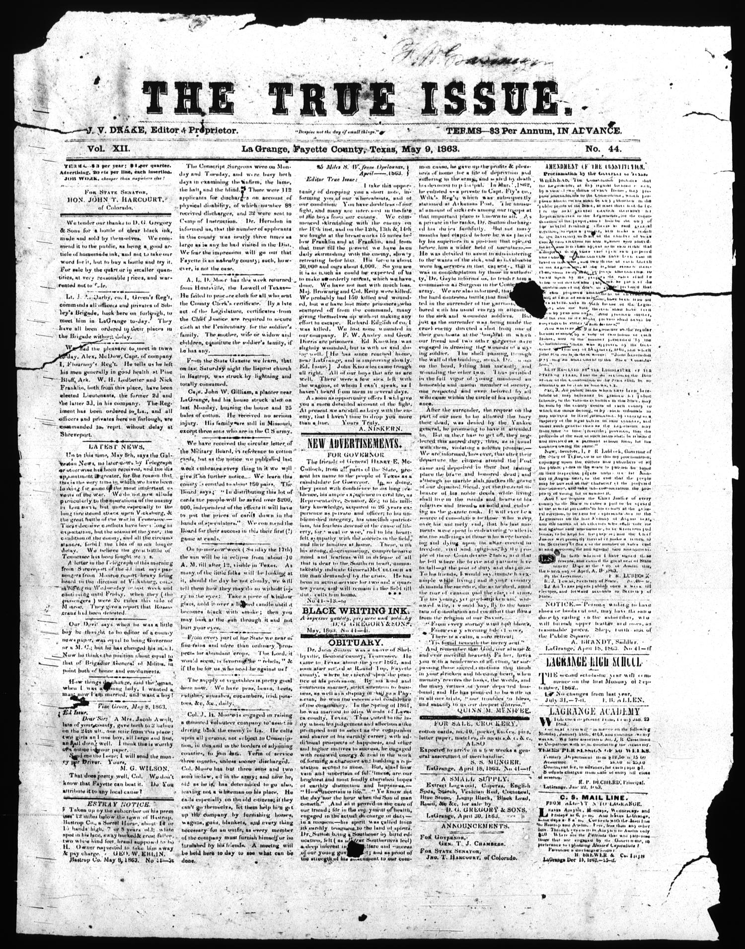 The True Issue (La Grange, Tex.), Vol. 12, No. 44, Ed. 1, Saturday, May 9, 1863
                                                
                                                    [Sequence #]: 1 of 1
                                                