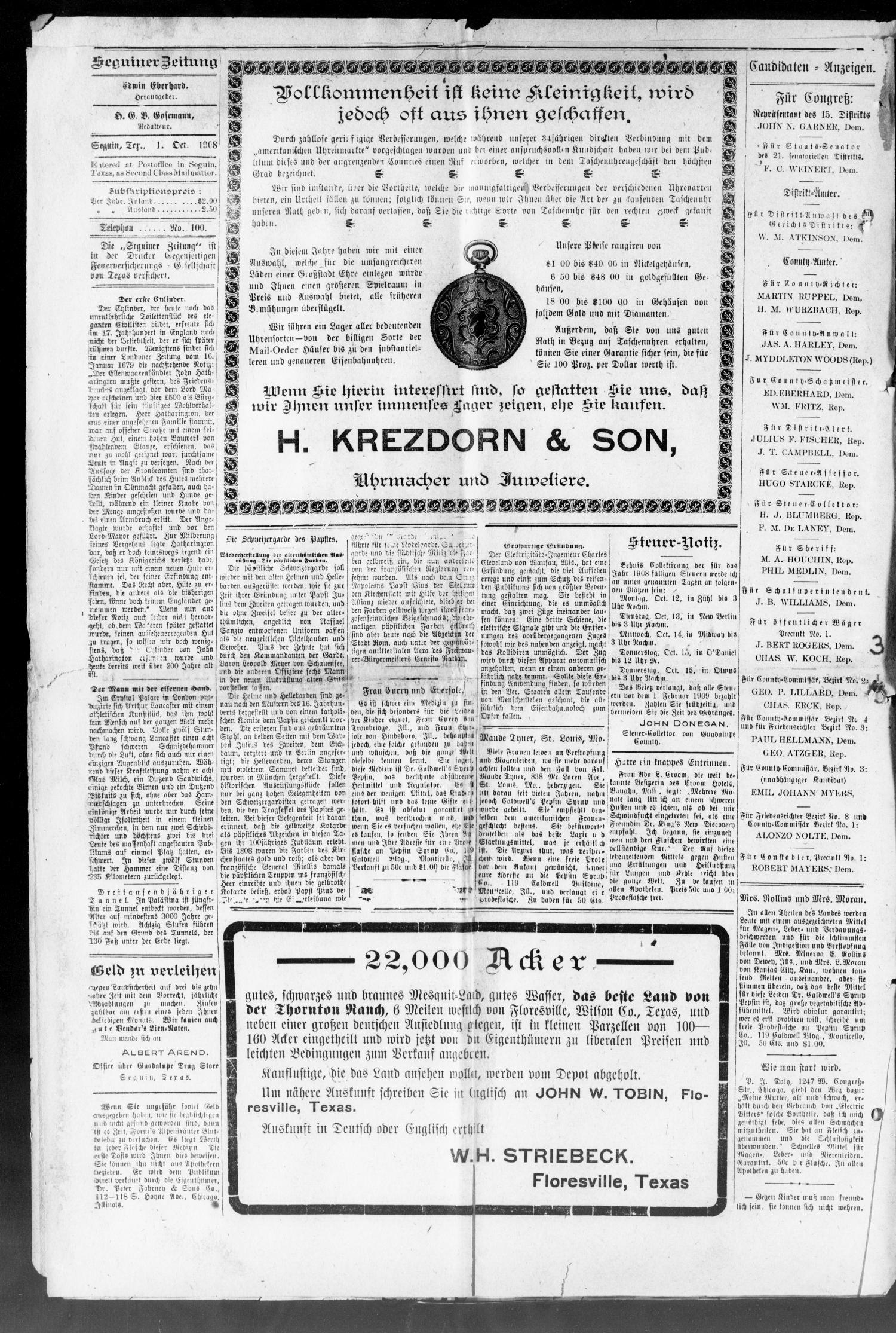 Seguiner Zeitung. (Seguin, Tex.), Vol. 18, No. 7, Ed. 1 Thursday, October 1, 1908
                                                
                                                    [Sequence #]: 4 of 8
                                                