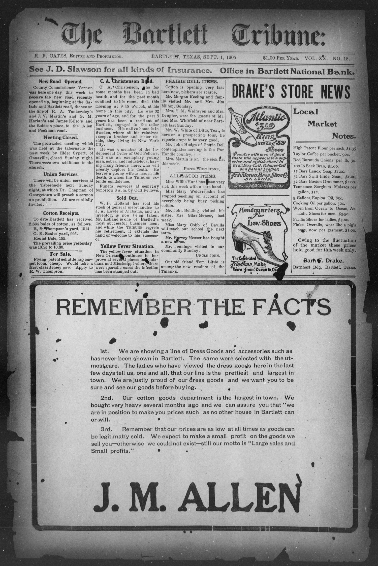 The Bartlett Tribune (Bartlett, Tex.), Vol. 20, No. 18, Ed. 1, Friday, September 1, 1905
                                                
                                                    [Sequence #]: 1 of 8
                                                