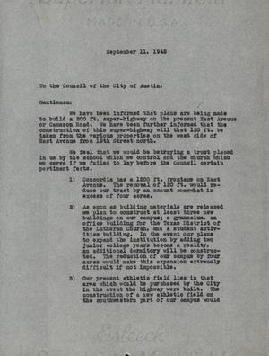 Primary view of object titled '[Letter from George Beto to the City Council of Austin, Texas, September 11, 1945]'.
