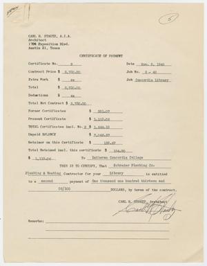 Primary view of object titled '[Certificate of Payment from Carl Stautz to Lutheran Concordia College for Schrader Plumbing]'.