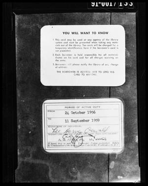 Primary view of object titled 'Evidence: Back of Dallas Public Library Card and Back of Marine Card Certificate'.