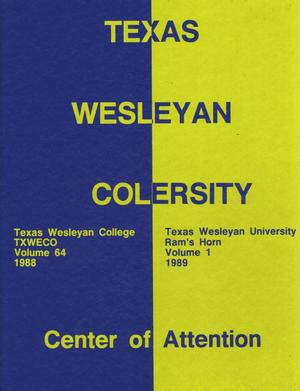 Primary view of object titled 'Ram's Horn, Yearbook of Texas Wesleyan University, 1989'.