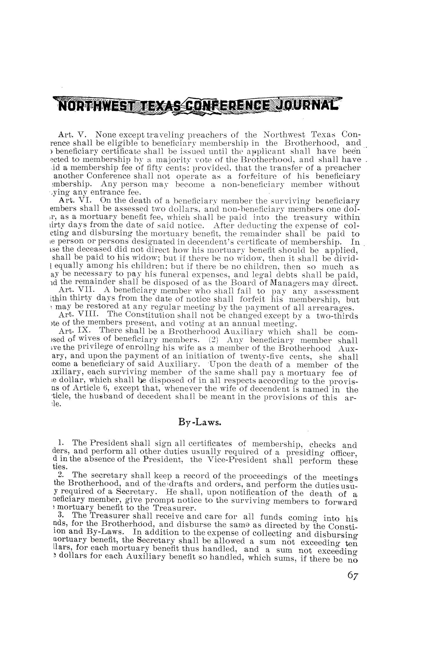 Journal of Proceedings of the Thirty-Ninth Annual Session of The Northwest Texas Conference, of the Methodist Episcopal Church, South, Held at Mineral Wells, Texas, November 16th to November 21st, 1904
                                                
                                                    67
                                                