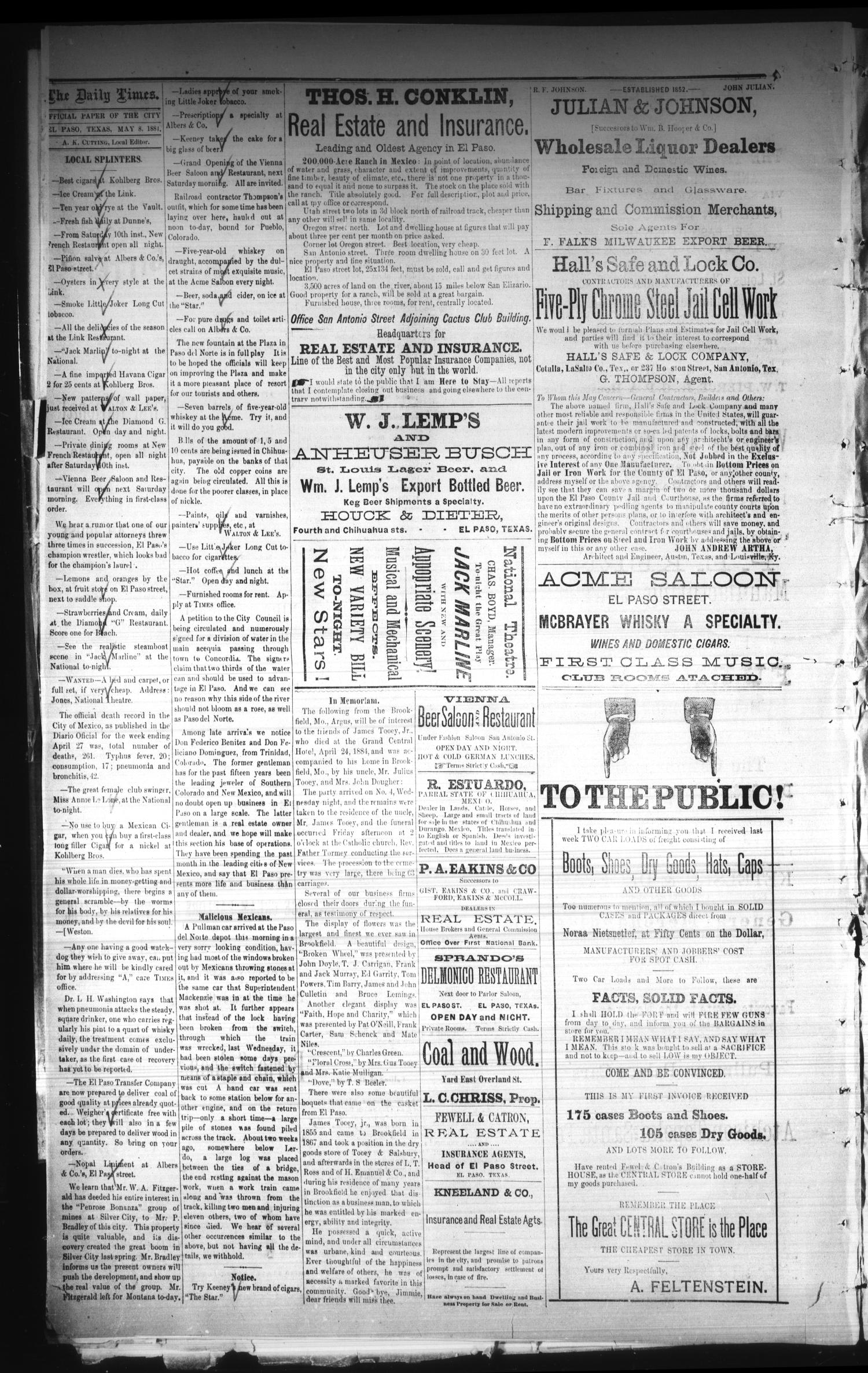 The El Paso Daily Times. (El Paso, Tex.), Vol. 3, No. 55, Ed. 1 Thursday, May 8, 1884
                                                
                                                    [Sequence #]: 4 of 4
                                                