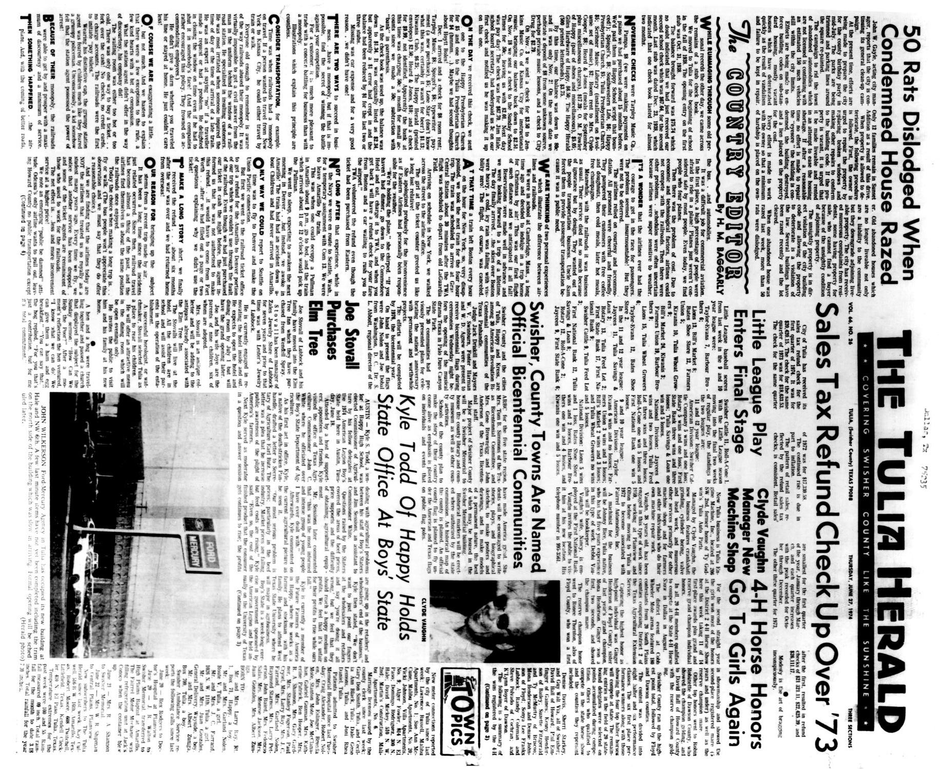 The Tulia Herald (Tulia, Tex.), Vol. 66, No. 26, Ed. 1 Thursday, June 27, 1974
                                                
                                                    [Sequence #]: 1 of 25
                                                