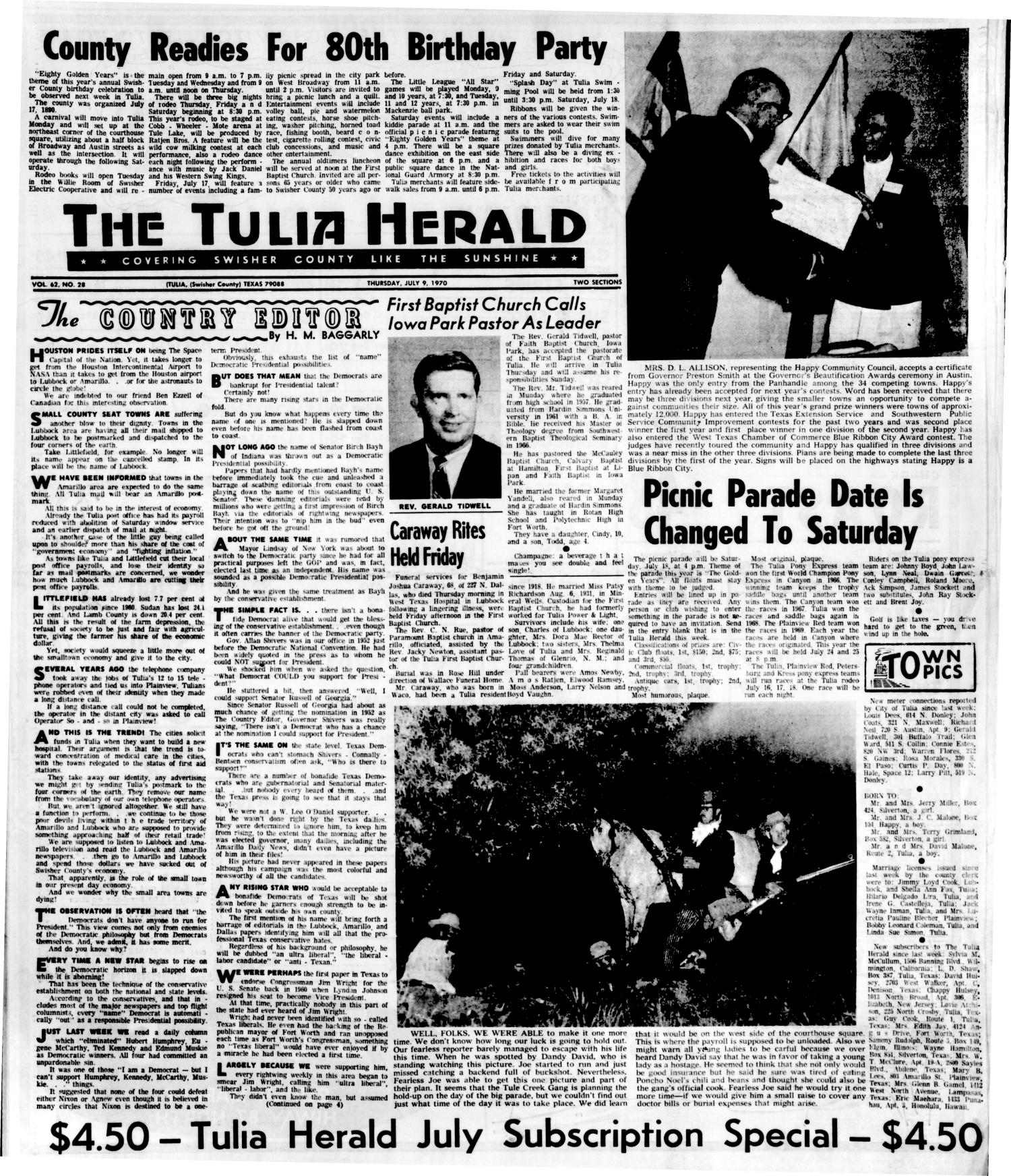 The Tulia Herald (Tulia, Tex.), Vol. 62, No. 28, Ed. 1 Thursday, July 9, 1970
                                                
                                                    [Sequence #]: 1 of 16
                                                