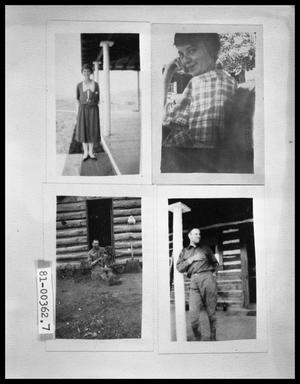 Primary view of object titled 'Woman by Post on Cabin Porch; Woman in Chair Outside of Cabin; Man by Cabin Door; Man by Post on Cabin Porch'.