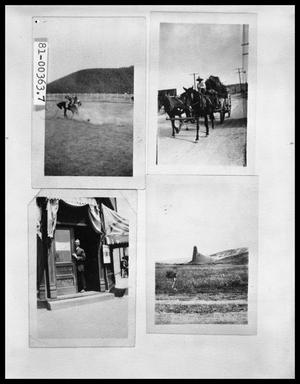 Primary view of object titled 'Bronco Rider; Horse-Drawn Wagon; Man in Store Doorway; Geological Formation'.