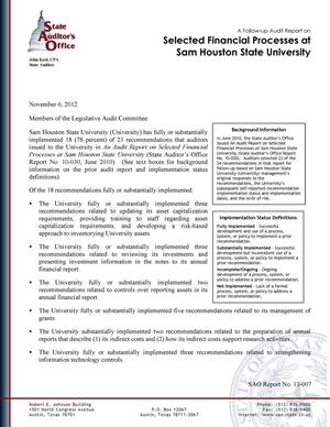 Primary view of object titled 'A Follow-up Audit Report on Selected Financial Processes at Sam Houston State University'.