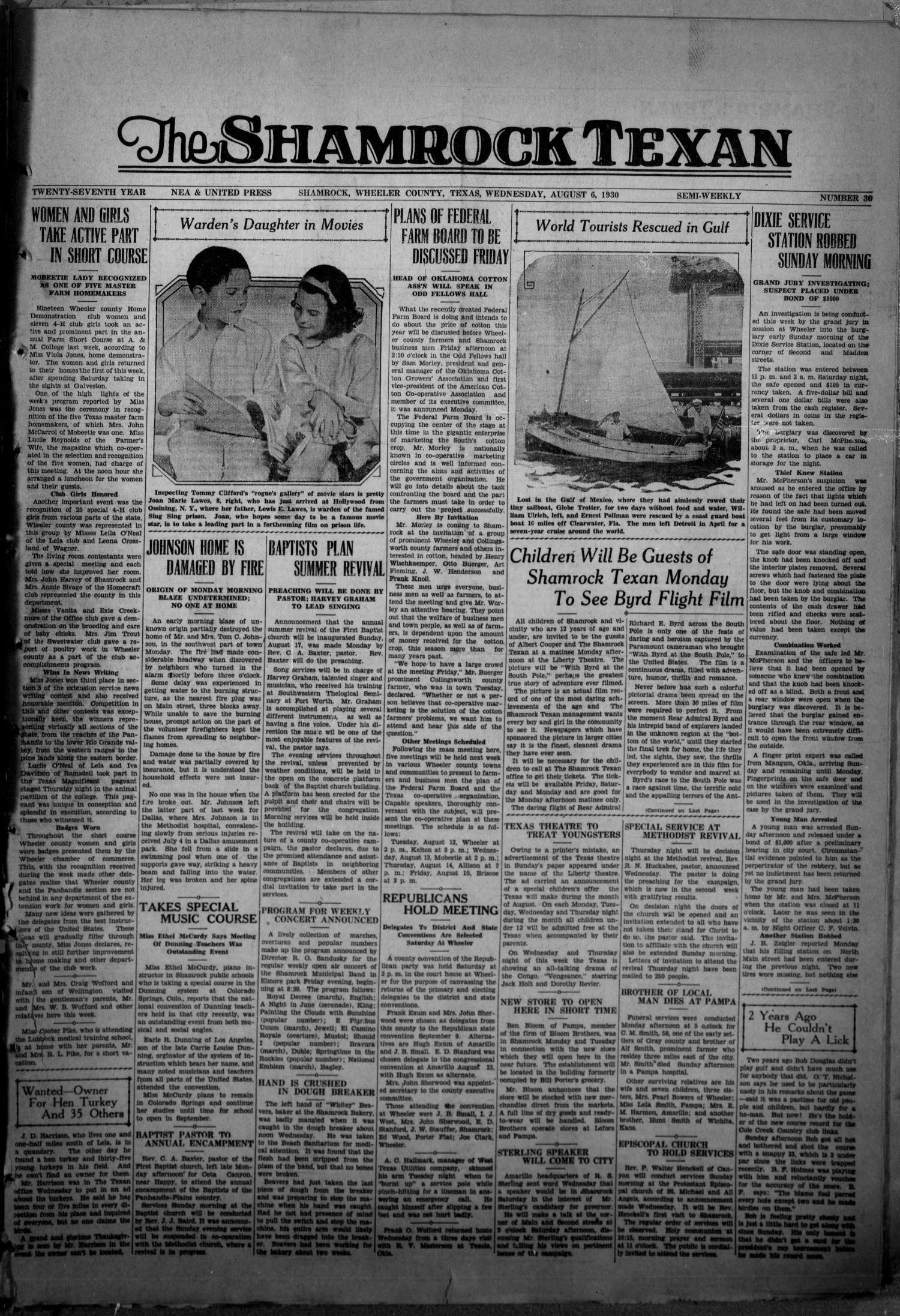 The Shamrock Texan (Shamrock, Tex.), Vol. 27, No. 30, Ed. 1 Wednesday, August 6, 1930
                                                
                                                    [Sequence #]: 1 of 8
                                                
