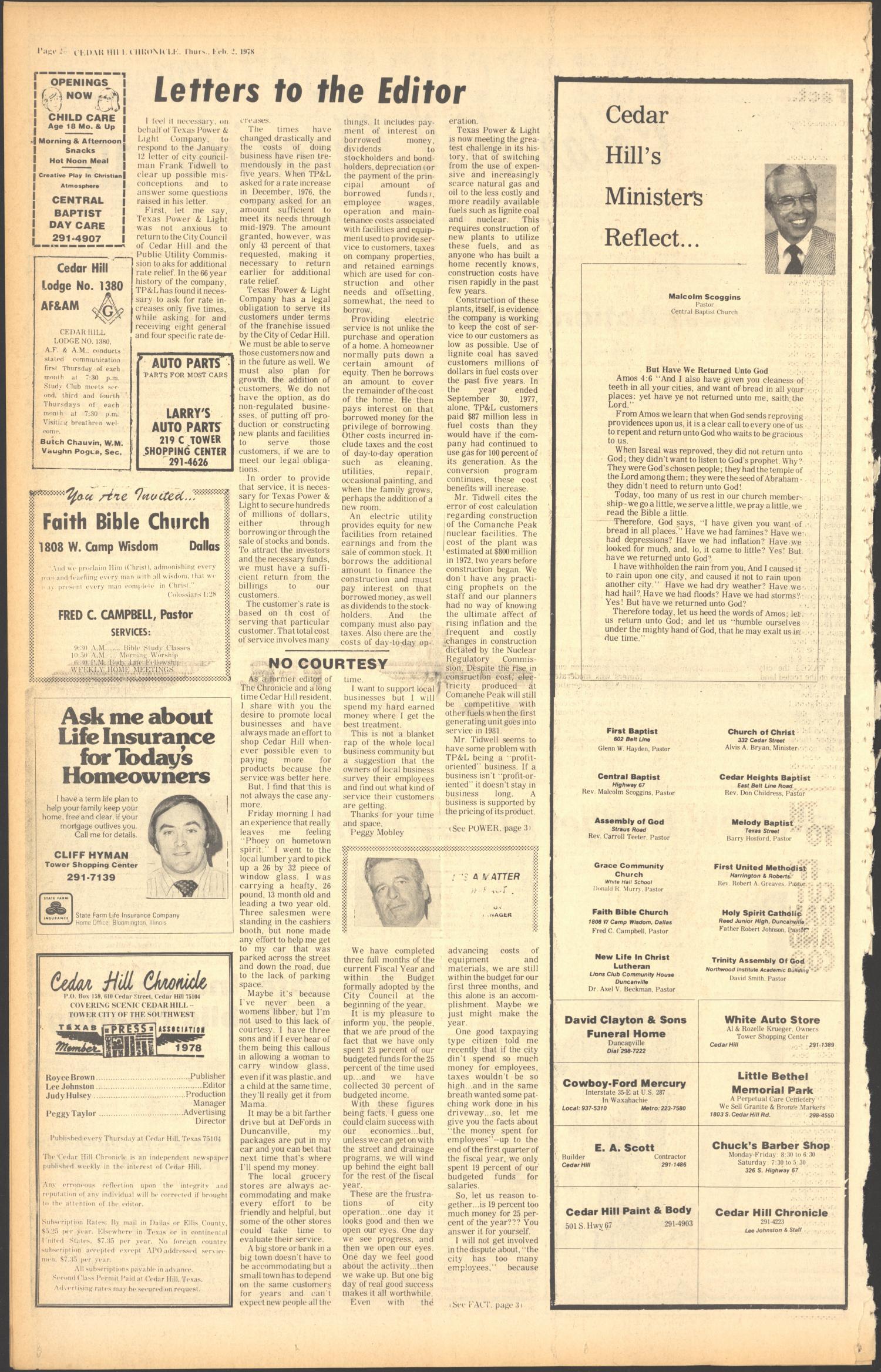 Cedar Hill Chronicle (Cedar Hill, Tex.), Vol. 14, No. 23, Ed. 1 Thursday, February 2, 1978
                                                
                                                    [Sequence #]: 2 of 22
                                                