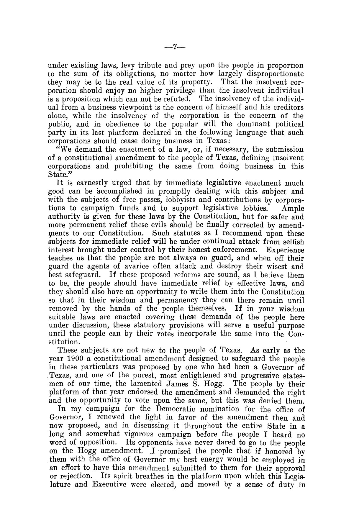 Message of Governor T.M. Campbell to the thirtieth legislature of Texas, to which is appended the State Democratic Platform adopted at Dallas, Texas, August 13, 1906.
                                                
                                                    [Sequence #]: 7 of 27
                                                