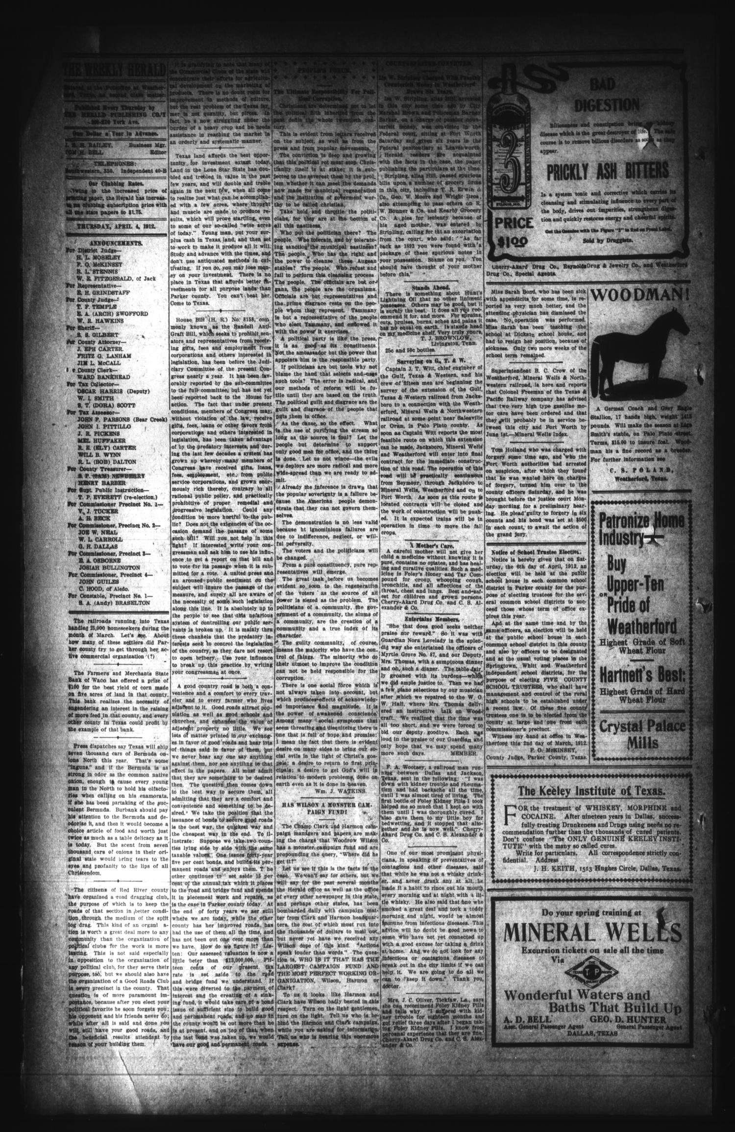 The Weekly Herald. (Weatherford, Tex.), Vol. 12, No. 45, Ed. 1 Thursday, April 4, 1912
                                                
                                                    [Sequence #]: 2 of 8
                                                