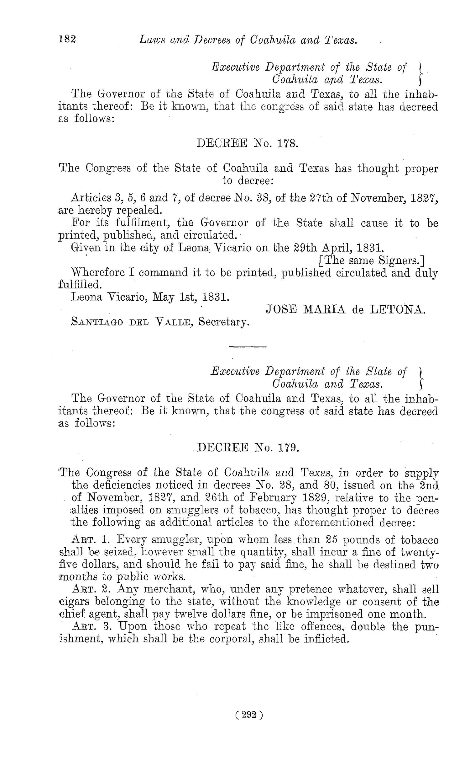 The Laws of Texas, 1822-1897 Volume 1
                                                
                                                    292
                                                