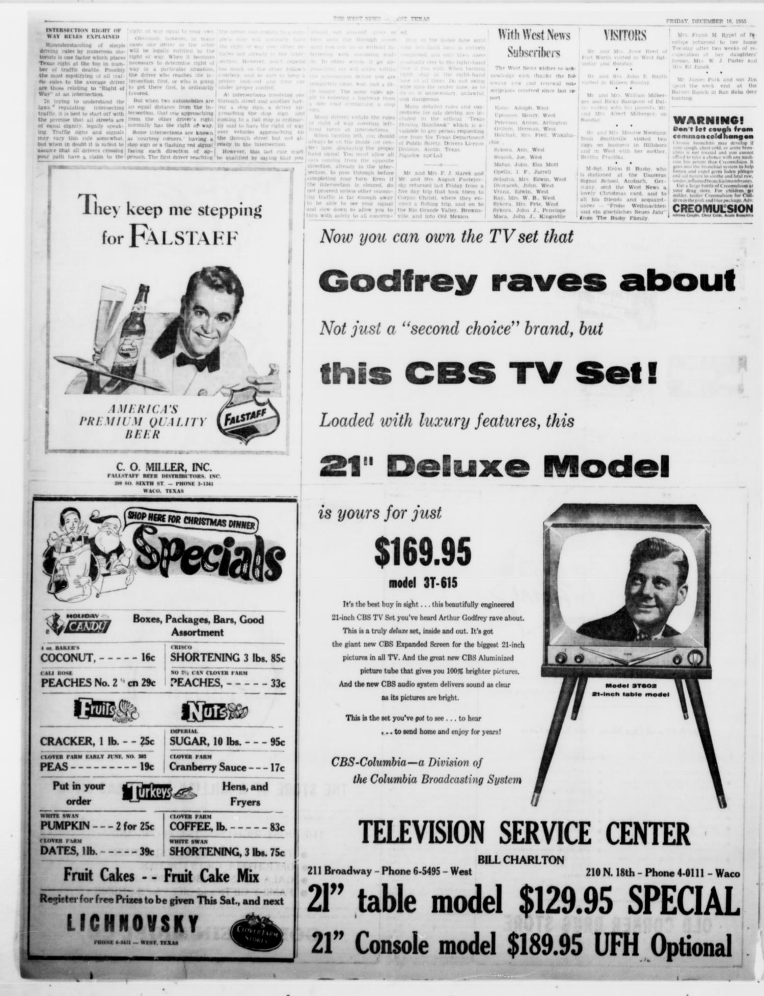 The West News (West, Tex.), Vol. 65, No. 32, Ed. 1 Friday, December 16, 1955
                                                
                                                    [Sequence #]: 2 of 8
                                                