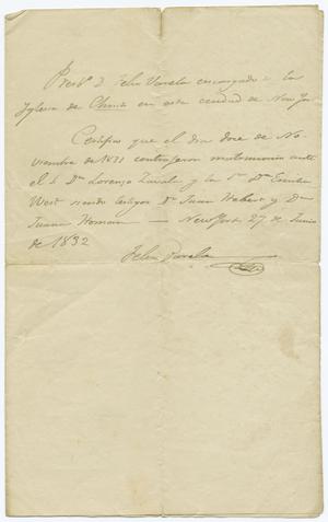 Primary view of object titled '[Marriage certificate of Lorenzo de Zavala and Emily West, June 27, 1832]'.
