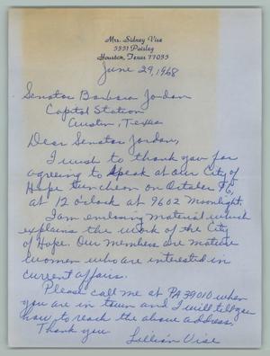 Primary view of object titled '[Letter from Mrs. Sidney Vise to Barbara Jordan, June 29, 1968]'.
