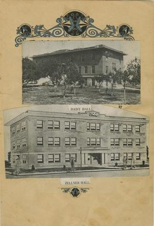 Primary view of object titled '[Photograph of Daisy Hall and Zellner Hall]'.
