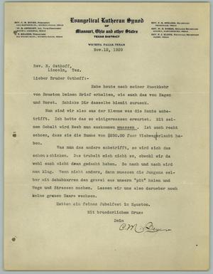 Primary view of object titled '[Letter from C. M. Beyer to R. Osthoff, November 12, 1929]'.