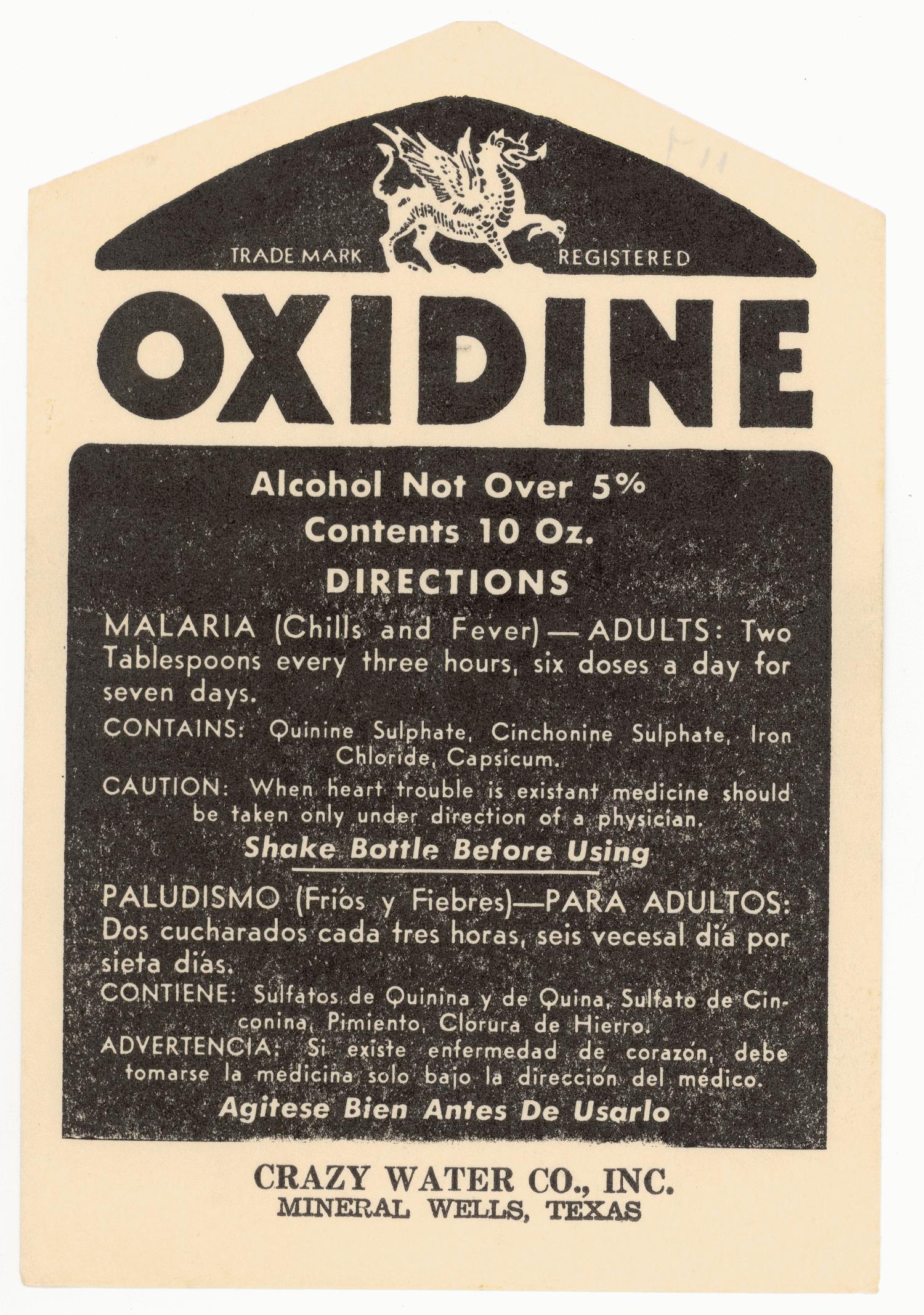 [A Crazy Water "Oxidine" Bottle Label]
                                                
                                                    [Sequence #]: 1 of 1
                                                