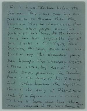 Primary view of object titled '[Text of Barbara Jordan Radio Spot for Democratic Party Political Campaign]'.