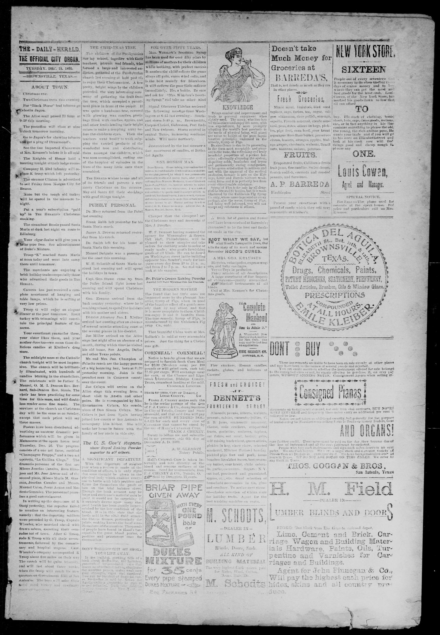 The Daily Herald (Brownsville, Tex.), Vol. 4, No. 136, Ed. 1, Tuesday, December 24, 1895
                                                
                                                    [Sequence #]: 3 of 8
                                                